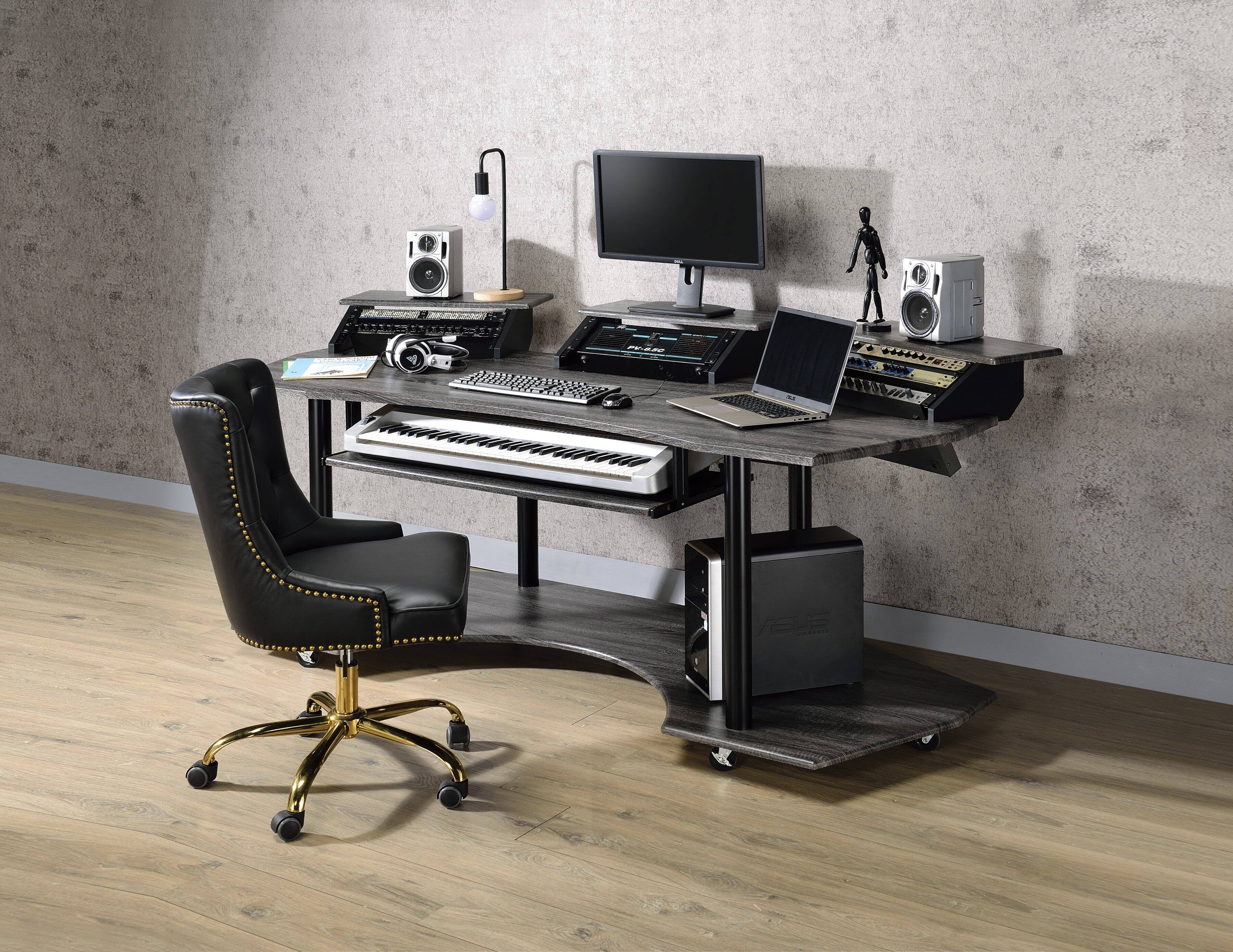 Front. APRILSOUL - Eleazar Black Oak Finish Music Recording Studio Desk - Brown.