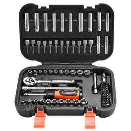 VEVOR - Socket Set, 70 Pieces, 1/4in Drive Socket and Ratchet Set, SAE and Metric, Deep and Shallow, Mechanic Tool Kit with Bits - Black+Sliver