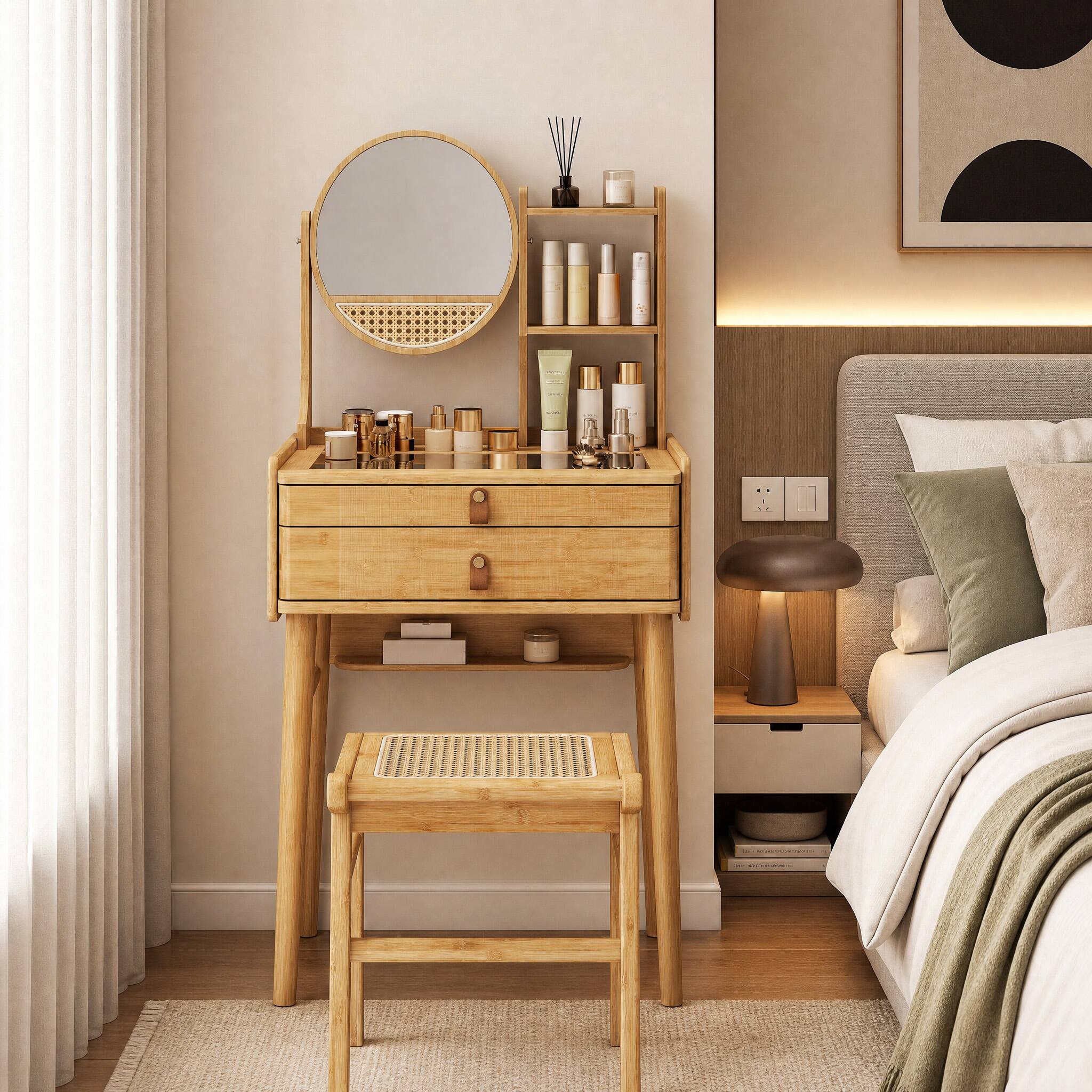 Angle. WELLFOR - 23.5 in Compact Bamboo Makeup Vanity Desk Set with 360° Rotatable Round Mirror,Tempered Glass Tabletop，2 Drawers& Stool - Natural.