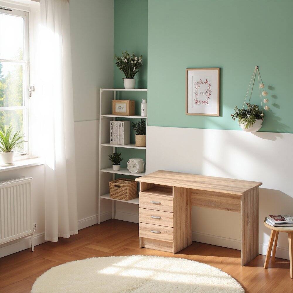 Left. FurniFact - Office Desk with Drawers - Compact Desk with File Cabinet Storage - Brown.