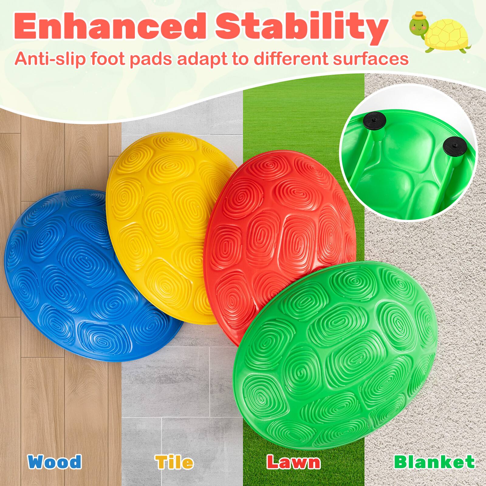Enhanced Stability  
Anti-slip foot pads adapt to different surfaces  

Wood  
Tile  
Lawn  
Blanket