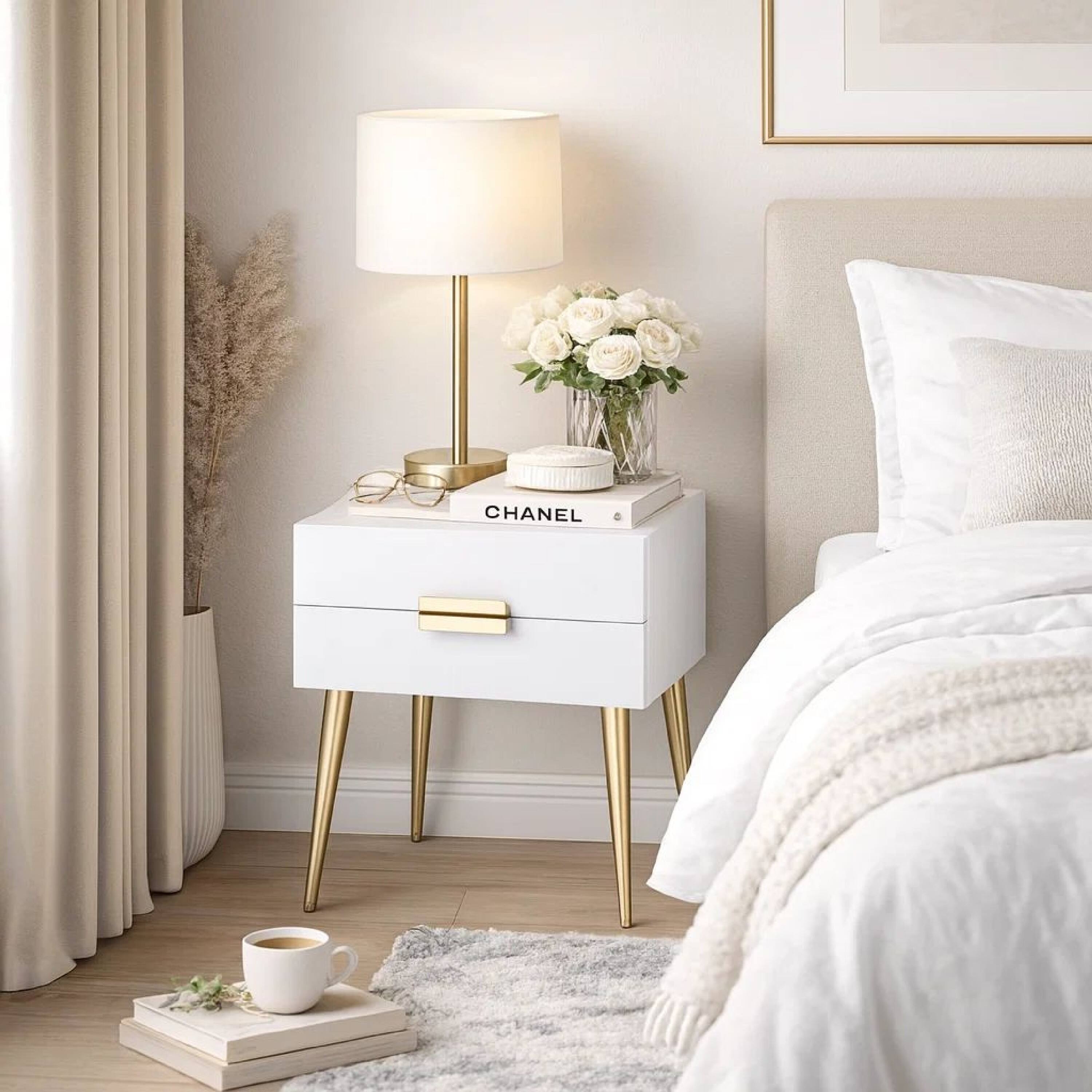 Alt View 6. Manhattan Lane - Denvor Square End Table with Drawers - White & Gold.