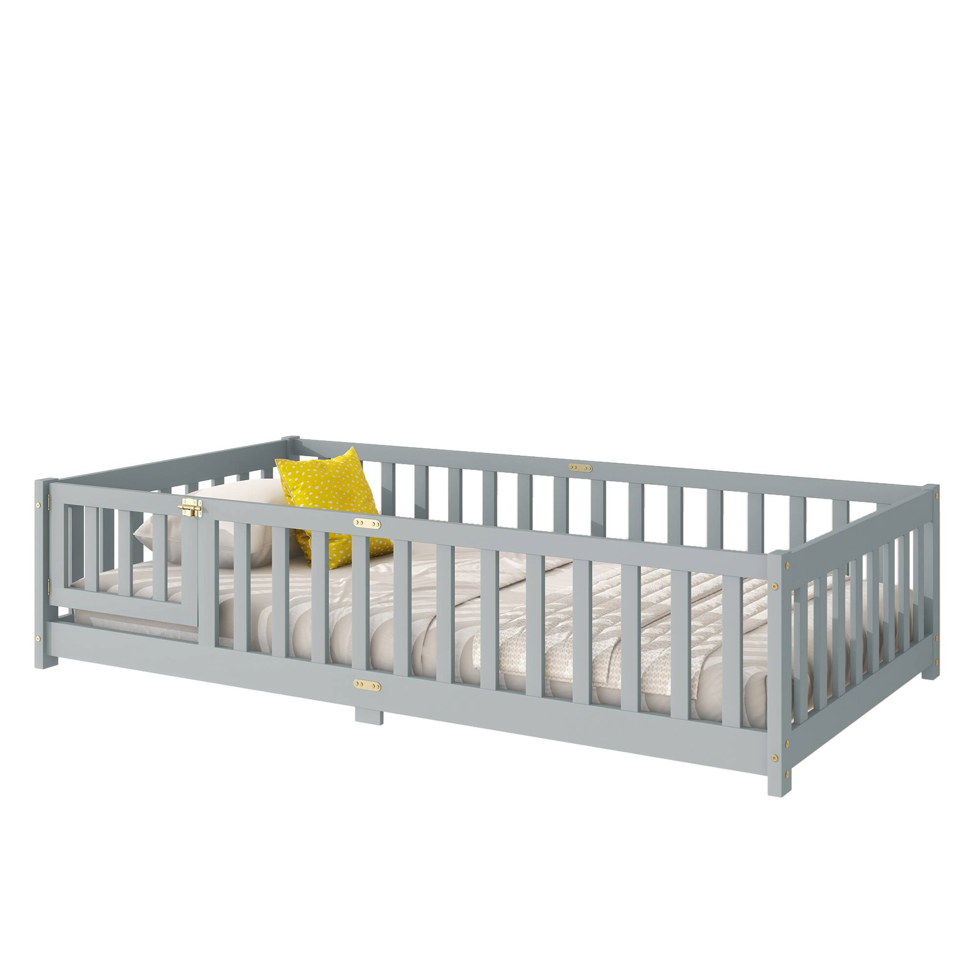 Alt View 10. GOODSILO - Twin Size Floor Bed with Safety Fence and Door for Kids, Sturdy Rubber Wood Construction - Grey.