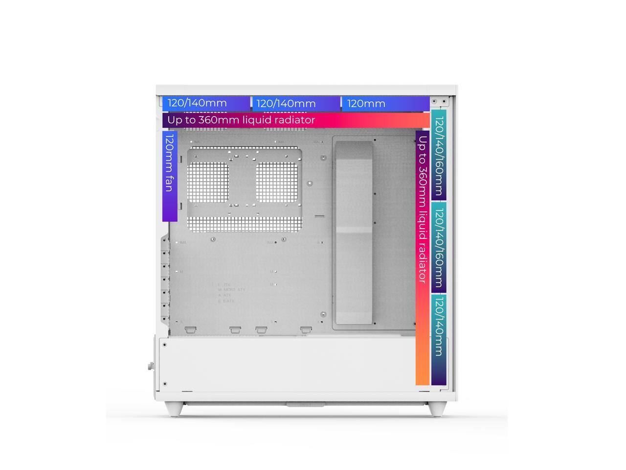 120/140mm  
120/140mm  
Up to 360mm liquid radiator  
120mm fan  
120mm  
Up to 360mm liquid radiator  
120/140/160mm  
120/140/160mm  
120/140mm