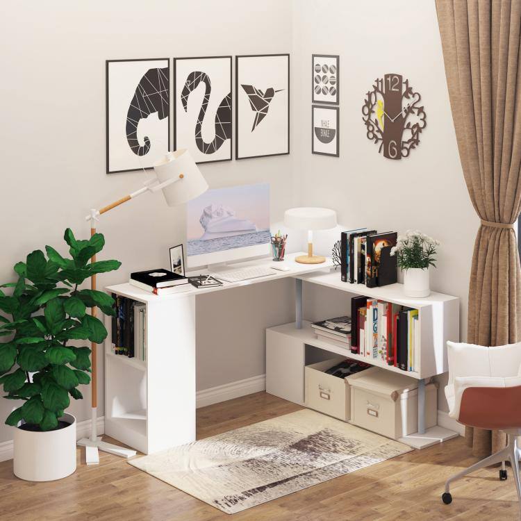 Alt View 1. PULUZ - 55 inch 360 Degrees Rotating Corner Computer Desk Modern L-Shaped Home Office Workstation with 3-Tier Storage Shelves, B - White.
