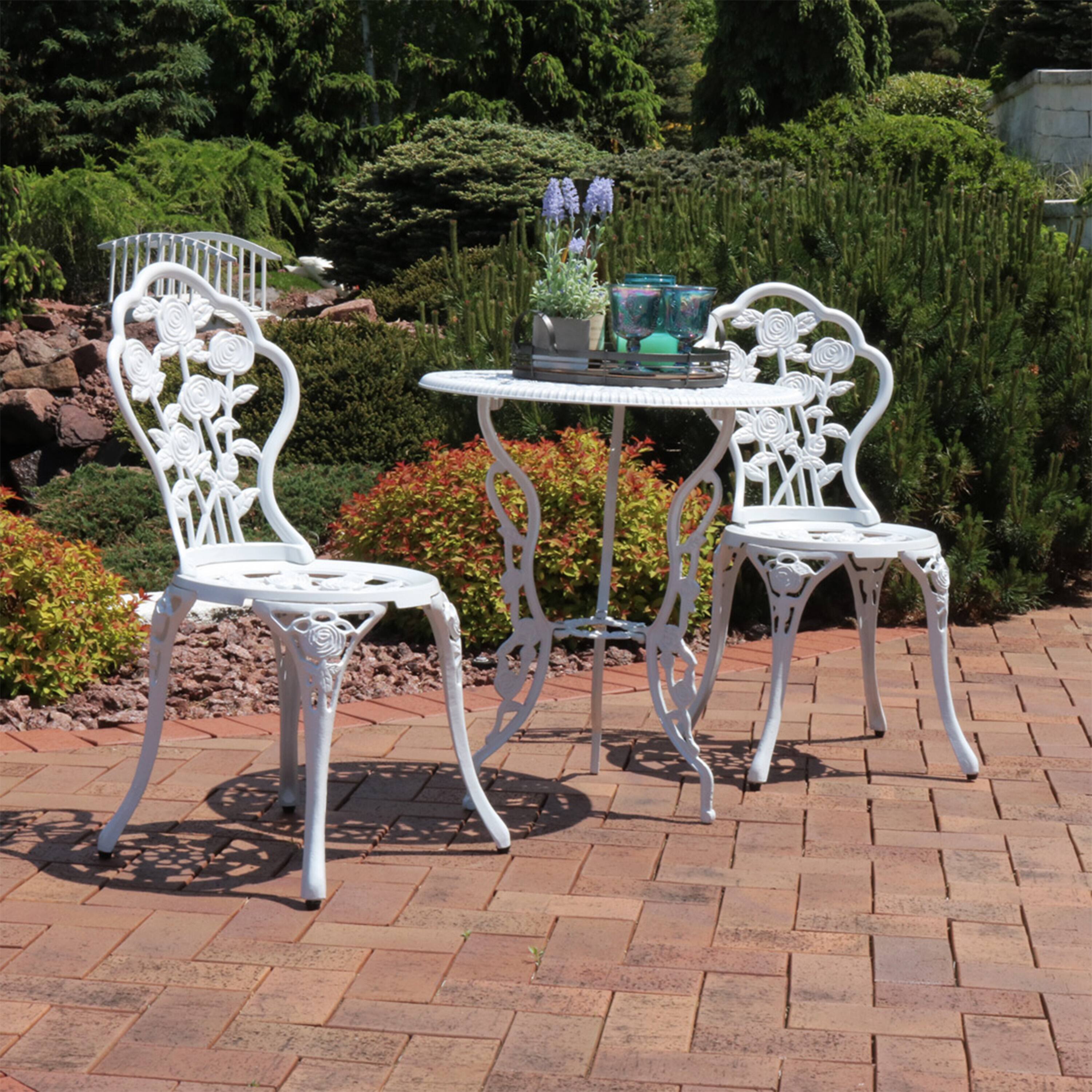 Alt View 4. Sunnydaze - Flower Design Cast Aluminum 3-Piece Patio Bistro Set - White.