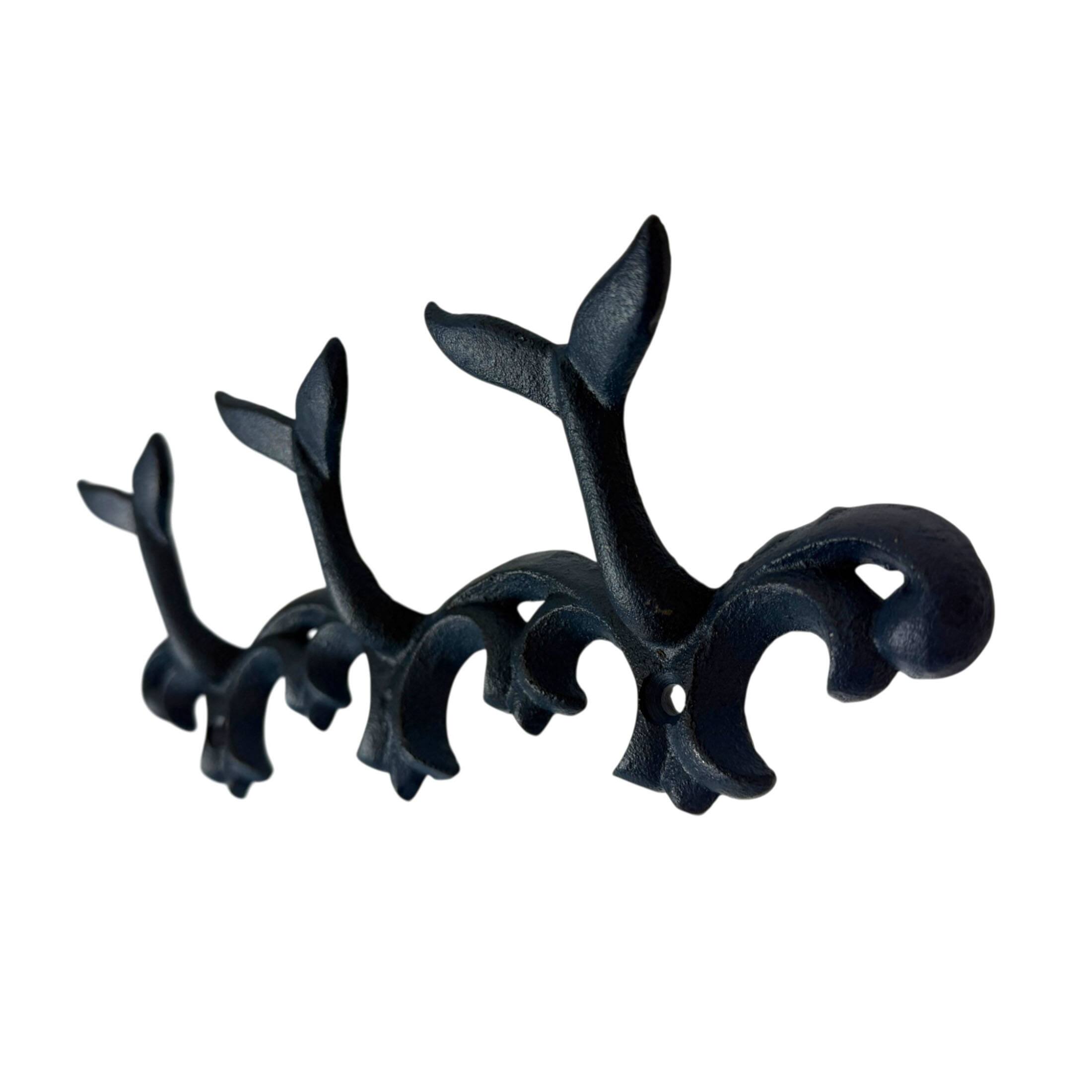 Alt View 7. Things2Die4 - Set of 2 Whale Tail Wall Hooks Cast Iron Blue Coastal Triple Hook 10.5 In - Blue.