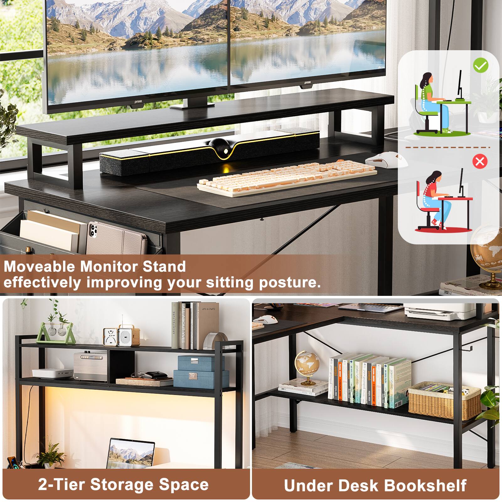 - Moveable Monitor Stand effectively improving your sitting posture.
- 2-Tier Storage Space Under Desk Bookshelf