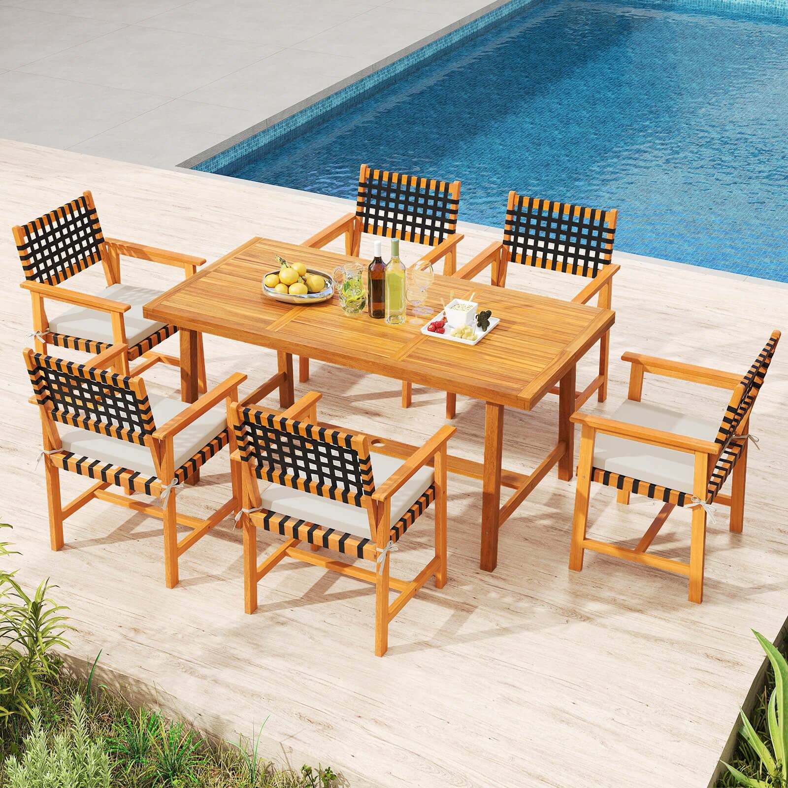 Alt View 4. Costway - Costway Solid Acacia Wood Patio Chair Set of 4 with Padded Seat Cushion Washable Covers - Natural,Off White.