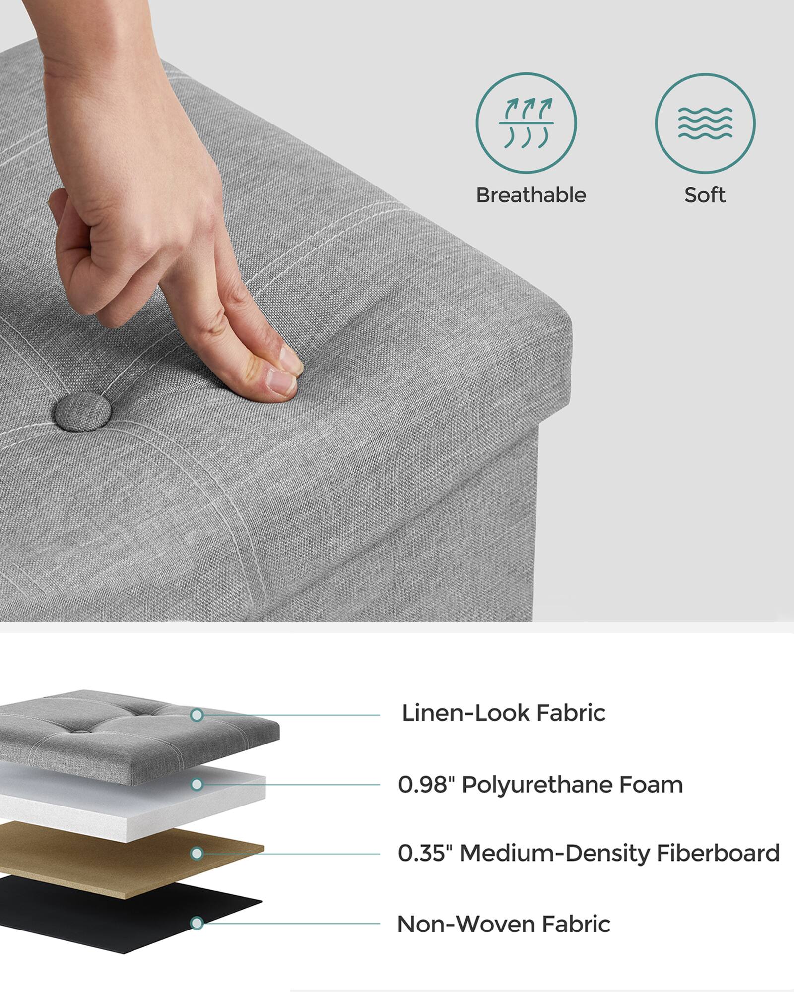 - Breathable Soft Linen-Look Fabric
- 0.98" Polyurethane Foam
- 0.35" Medium-Density Fiberboard
- Non-Woven Fabric