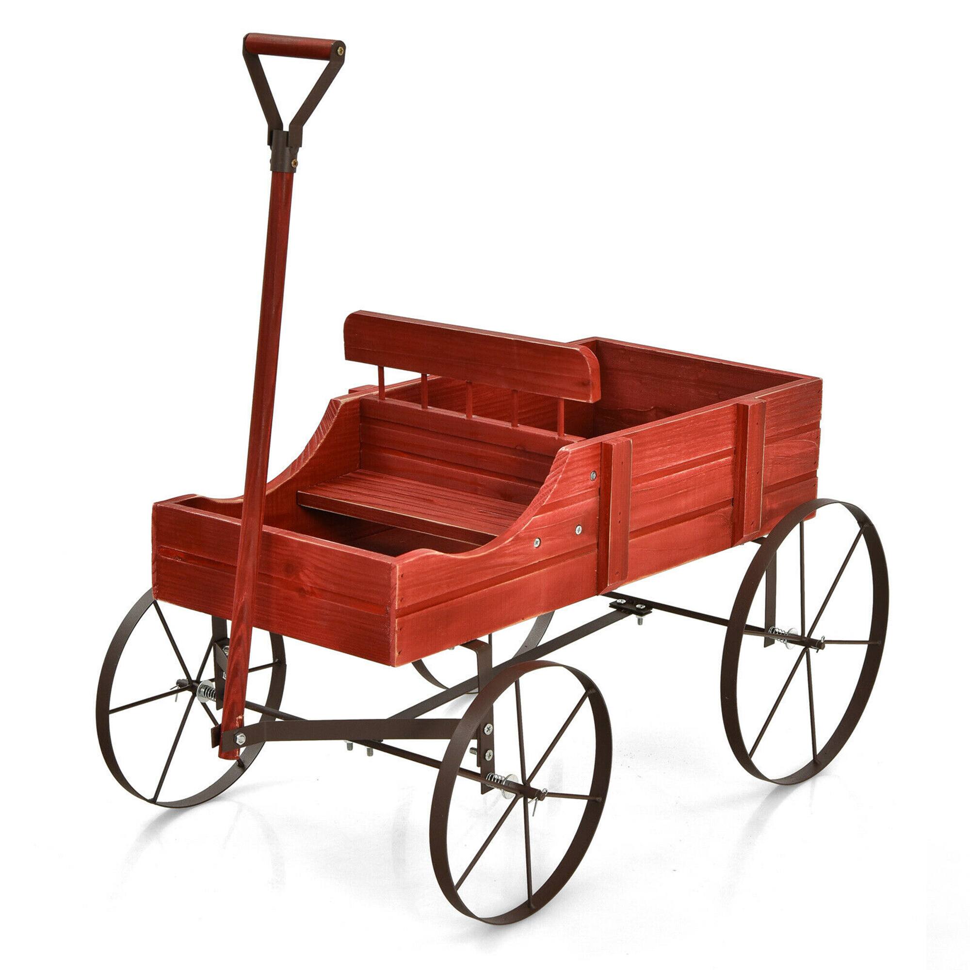 Alt View 1. Costway - Garden Plant Planter Wooden Wagon Planter W/ Wheel Garden Yard - Red.