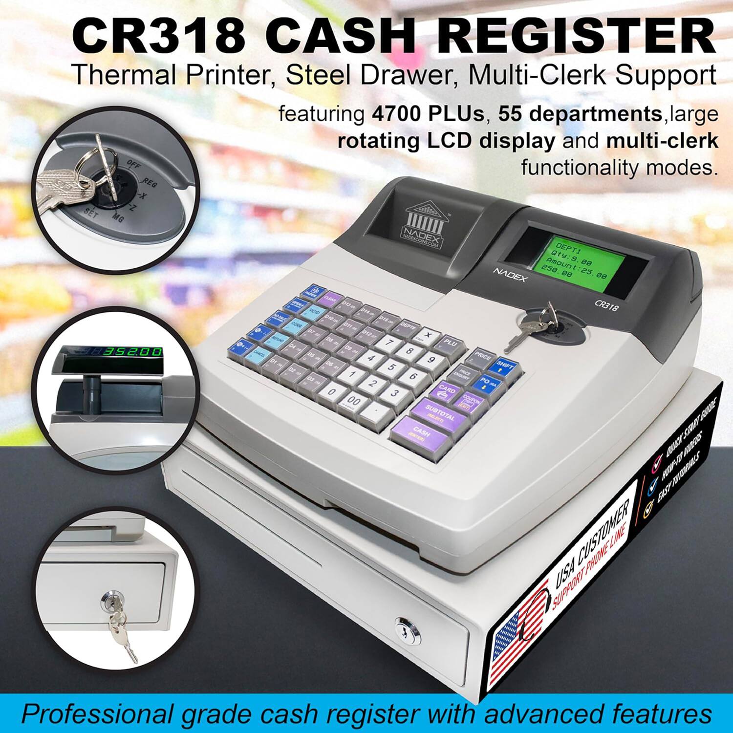 CR318 CASH REGISTER Thermal Printer, Steel Drawer, Multi-Clerk Support featuring 4700 PLUs, 55 departments, large rotating LCD display and multi-clerk functionality modes. Professional grade cash register with advanced features.