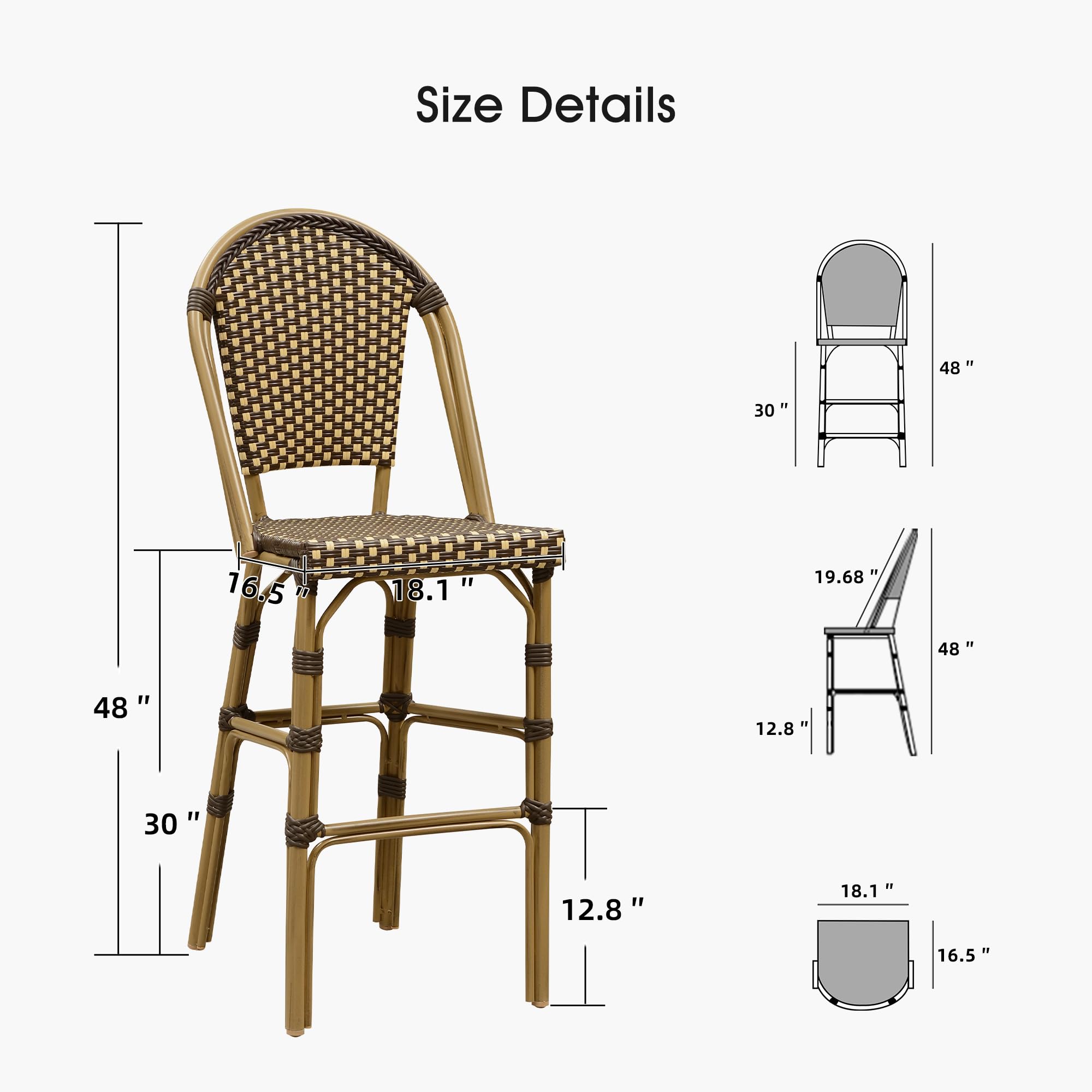 Size Details

- Height: 48"
- Width: 30"
- Depth: 16.5"
- Seat Height: 18.1"
- Back Height: 30"
- Armrest Height: 19.68"
- Seat Depth: 12.8"
- Armrest Width: 12.8"
- Seat Width: 18.1"
- Seat Depth: 16.5"