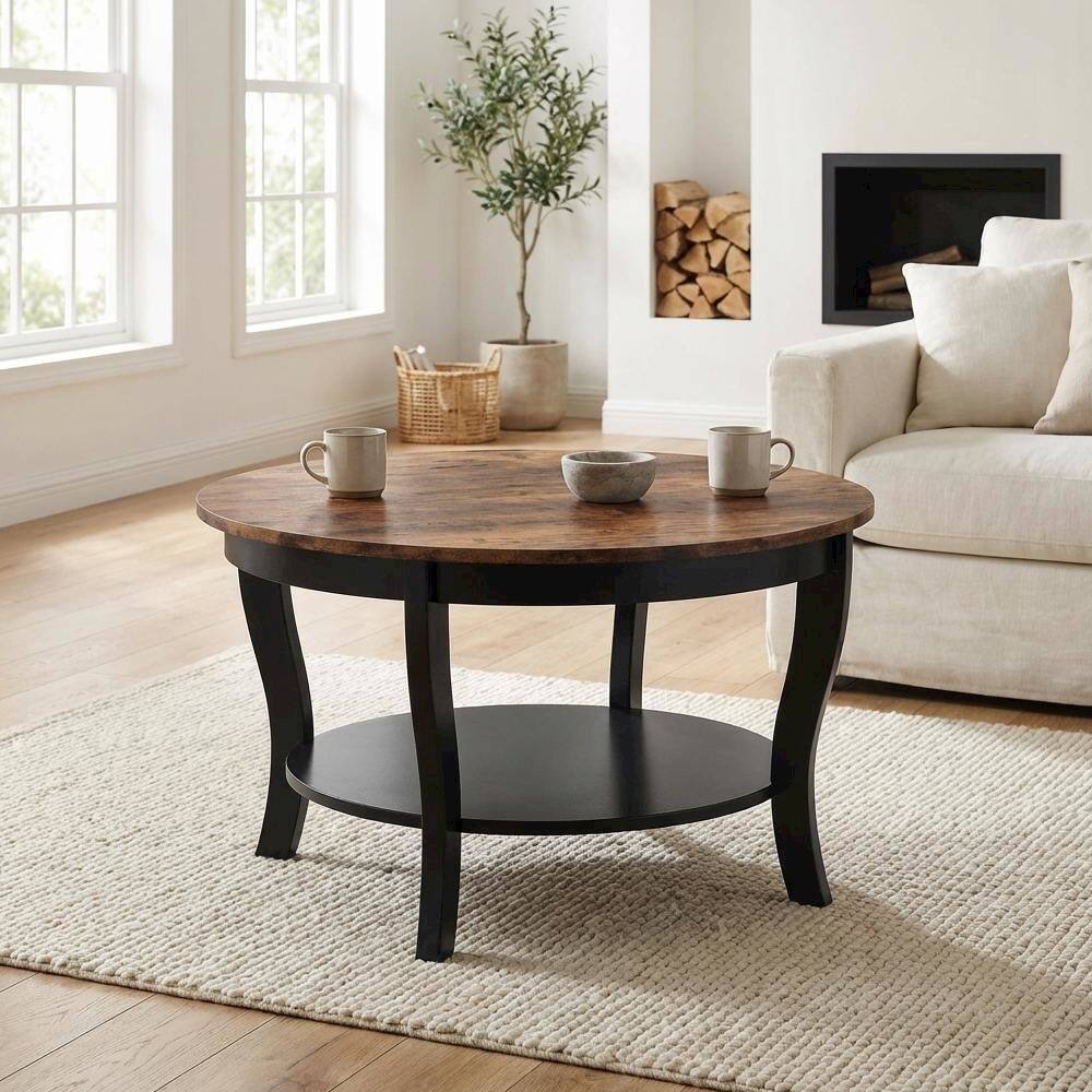Back. FurniFact - Multi-Color Round Coffee Table with Single Shelf and Rubberwood Legs - Barnwood/Black.