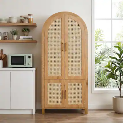 Front. Loheer - Loheer Arched Storage Cabinet, Oak Rattan Door Cabinet with Adjustable Shelves and Door Racks, Tall Pantry Cabinet - Oak.