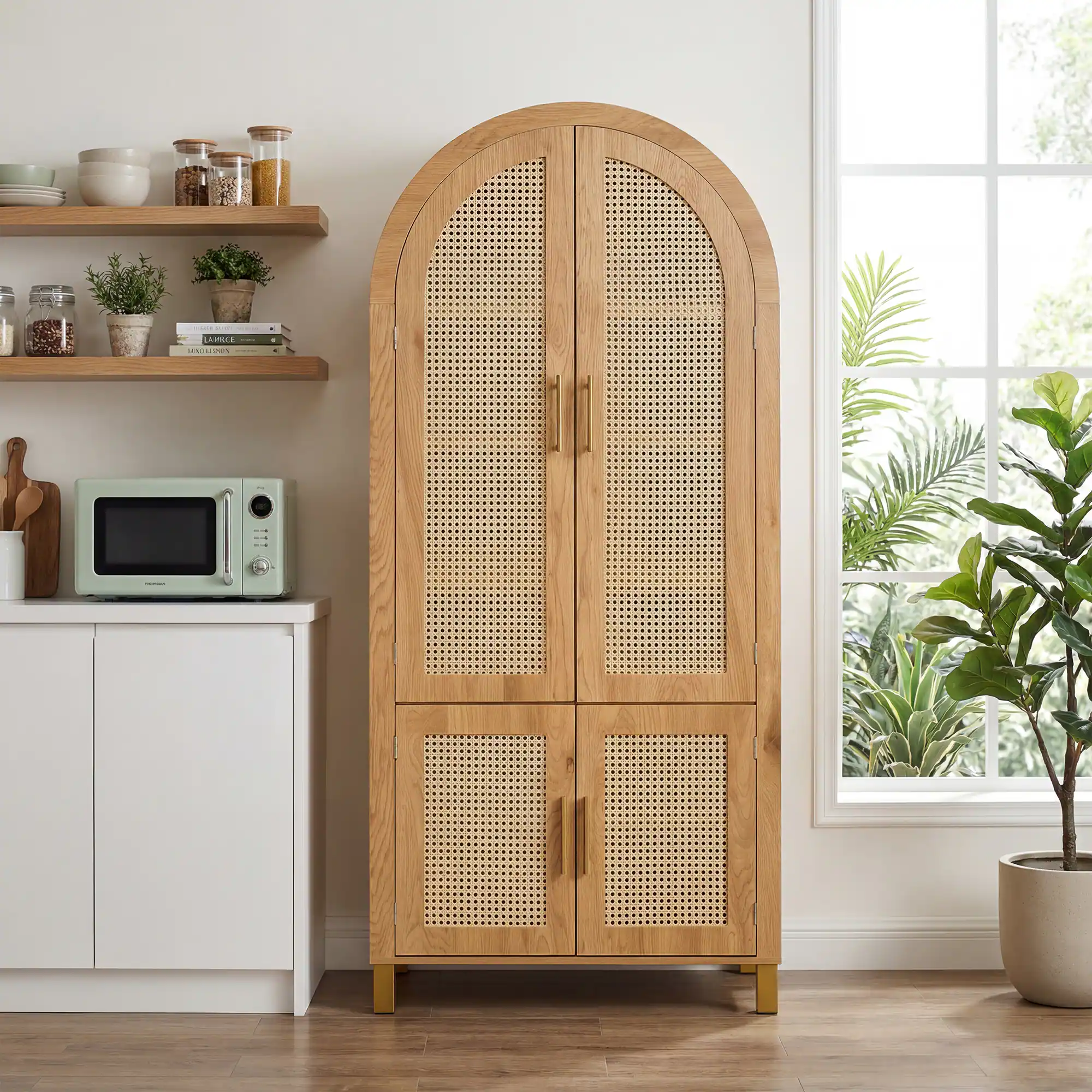 Front. Loheer - Loheer Arched Storage Cabinet, Oak Rattan Door Cabinet with Adjustable Shelves and Door Racks, Tall Pantry Cabinet - Oak.