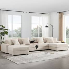 LUCKY ONE - 141.5" U-Shaped Corduroy Sectional Sofa w/ Bluetooth Speakers Console USB Storage Ottoman - Cream