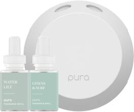 Pura - 4 Smart Fragrance Device Starter Set, Scent Diffuser for Home, Includes Fragrance Aroma Diffuser & 2 Scent Refills - Water Lily & Linens & Surf