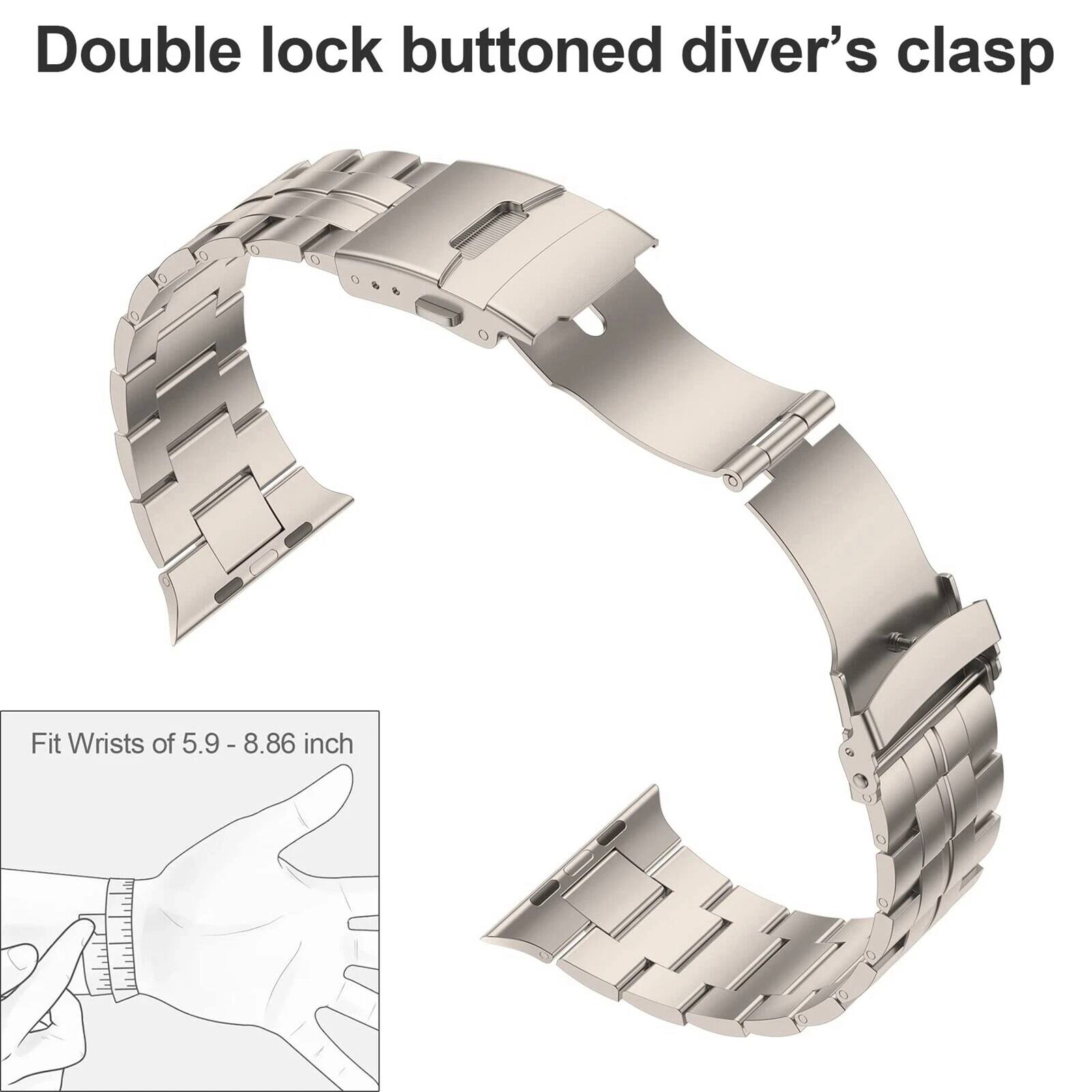 Double lock buttoned diver's clasp

Fit Wrists of 5.9 - 8.86 inch