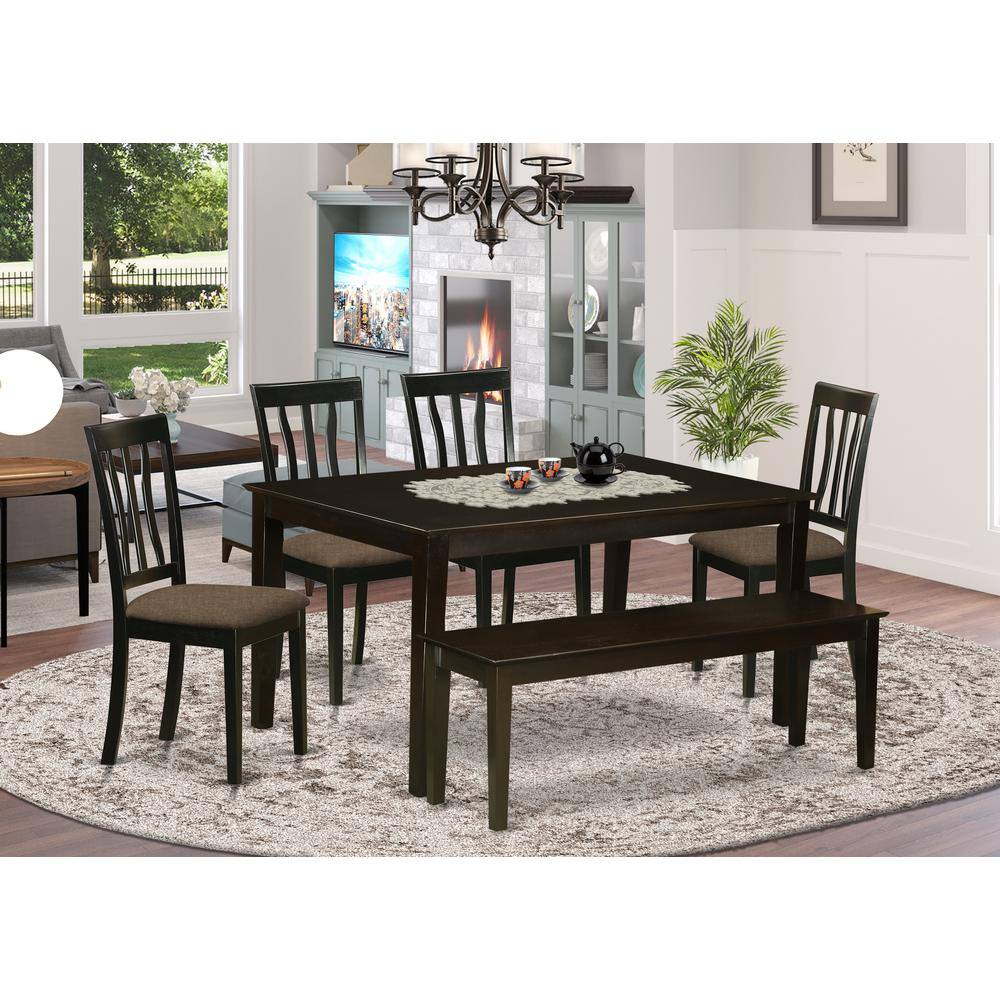 Left. East West Furniture - CAAN6-CAP-C 6 Pc Dining Table with bench set- Kitchen Table with 4 Chairs plus bench - Cappuccino.