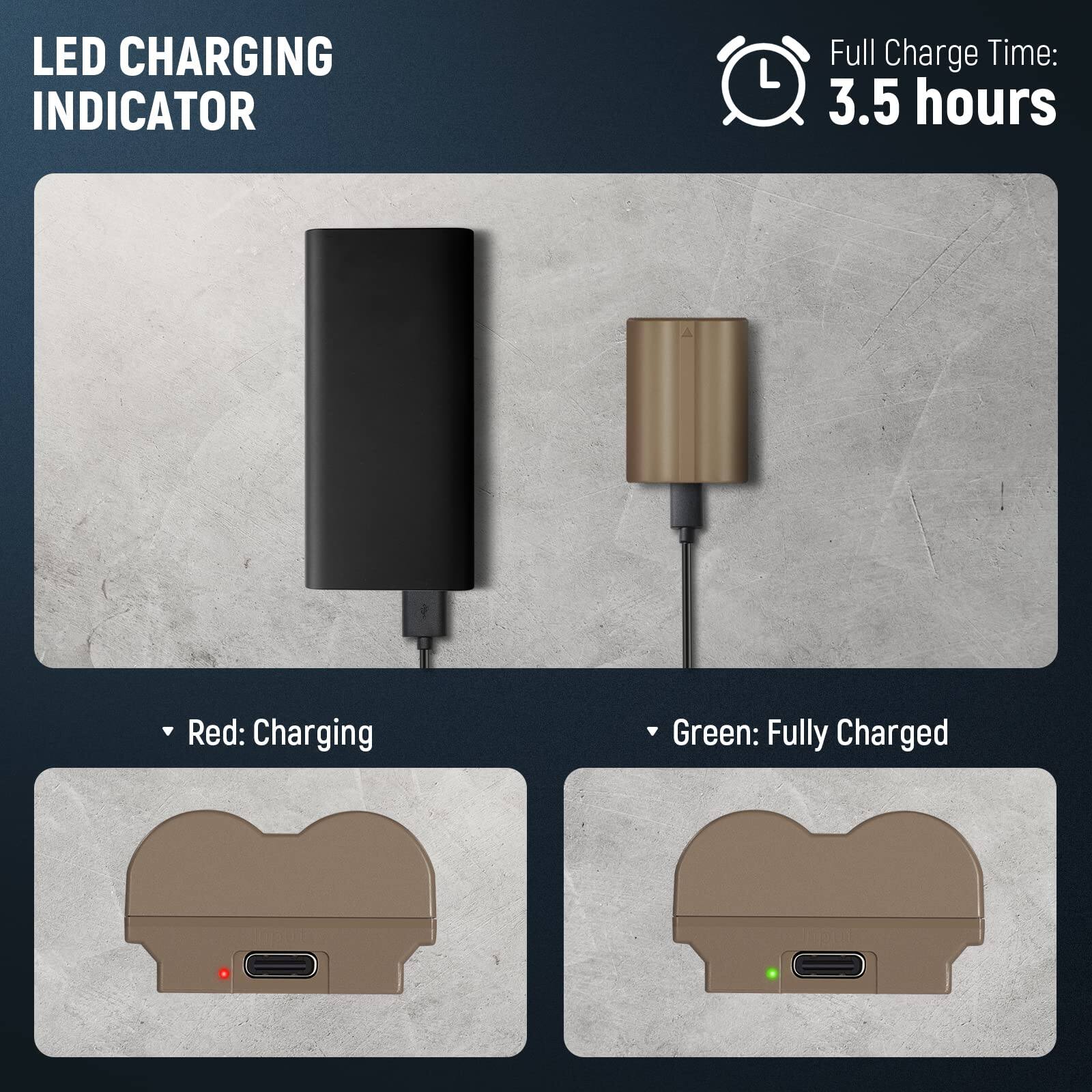LED CHARGING INDICATOR

Full Charge Time: 3.5 hours

- Red: Charging
- Green: Fully Charged