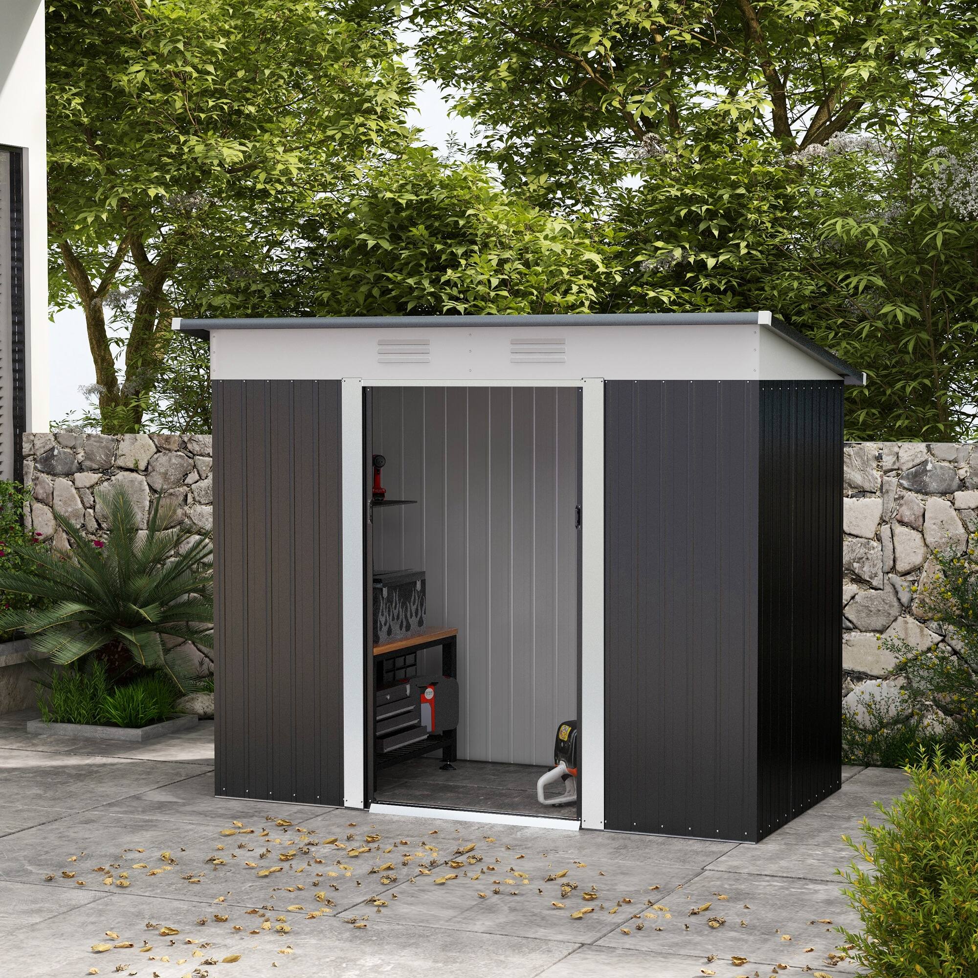 Alt View 1. Outsunny - 8' x 4' Metal Lean to Garden Shed, Outdoor Storage Shed, Garden Tool House with Double Sliding Doors.