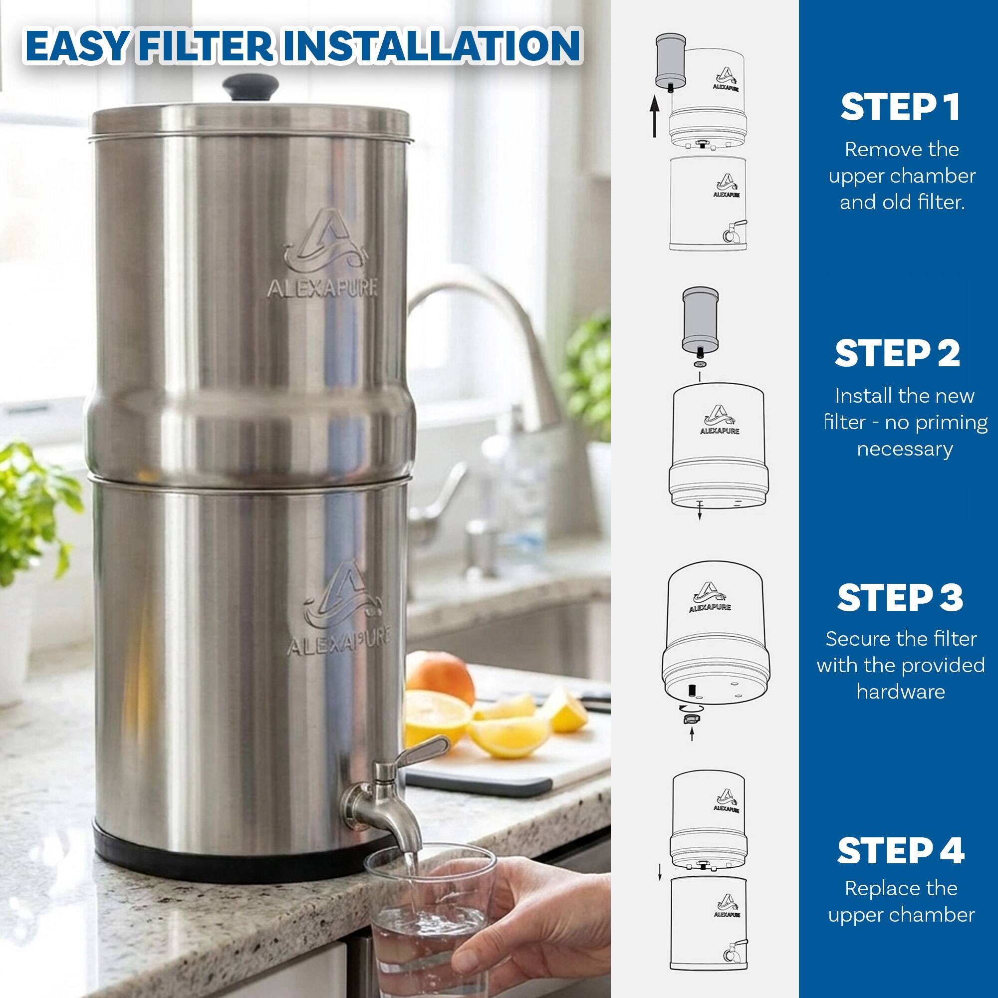 EASY FILTER INSTALLATION

STEP 1
Remove the upper chamber and old filter.

STEP 2
Install the new filter - no priming necessary

STEP 3
Secure the filter with the provided hardware

STEP 4
Replace the upper chamber