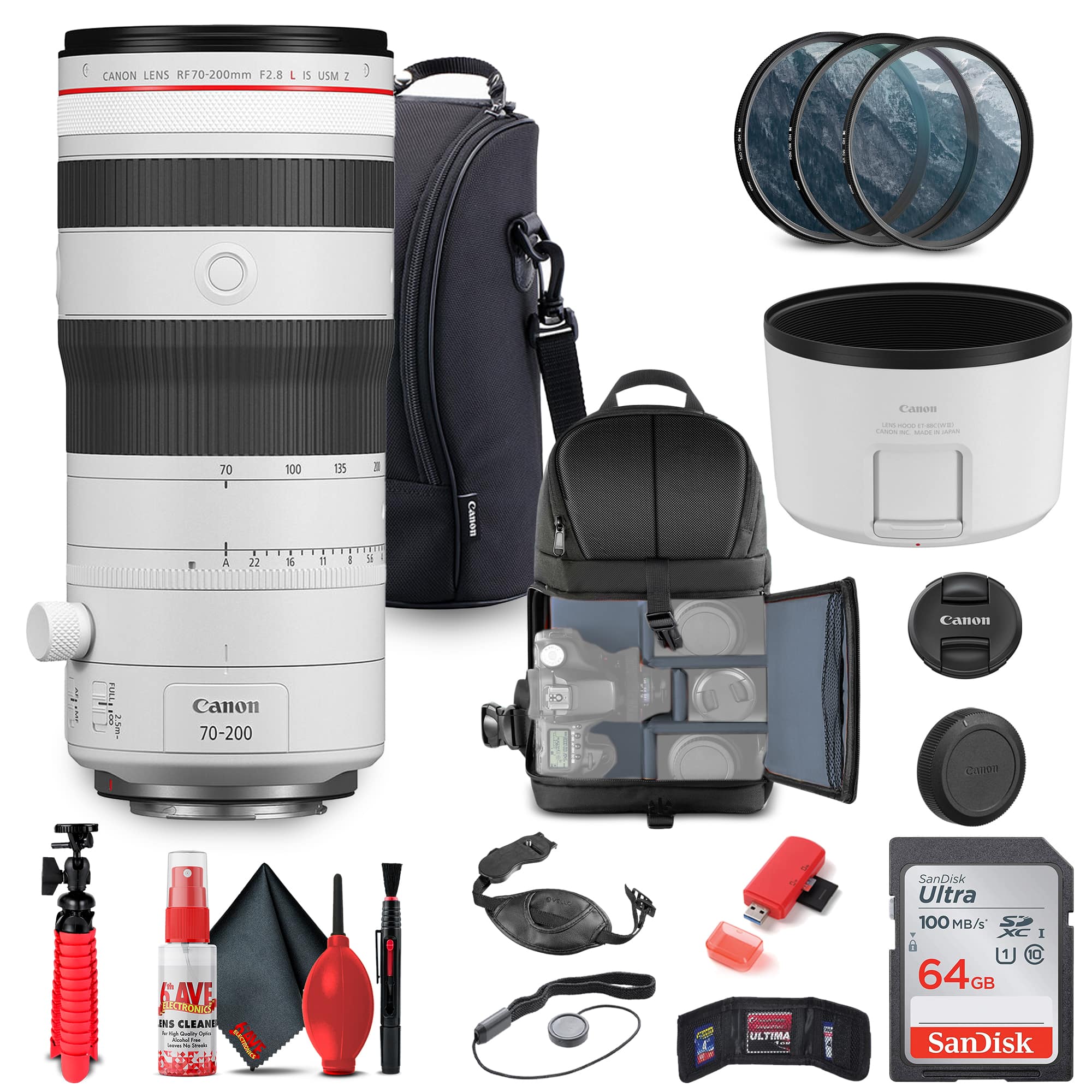 Canon - RF 70-200mm f/2.8 L IS USM Z Lens (6594C002) (White) + Filter Kit + BackPack + More (International Version) - White