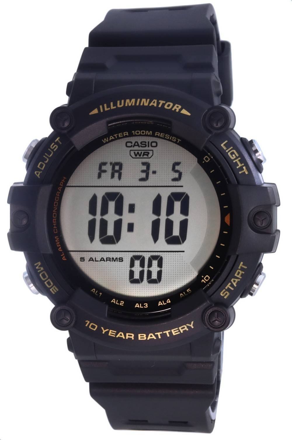 ILLUMINATOR  
100M WATER RESIST  
CASIO  
ADJUST  
LIGHT CHRONOGRAPH  
5 ALARMS  
10 YEAR BATTERY  
FR 3-5  
10:10  
00