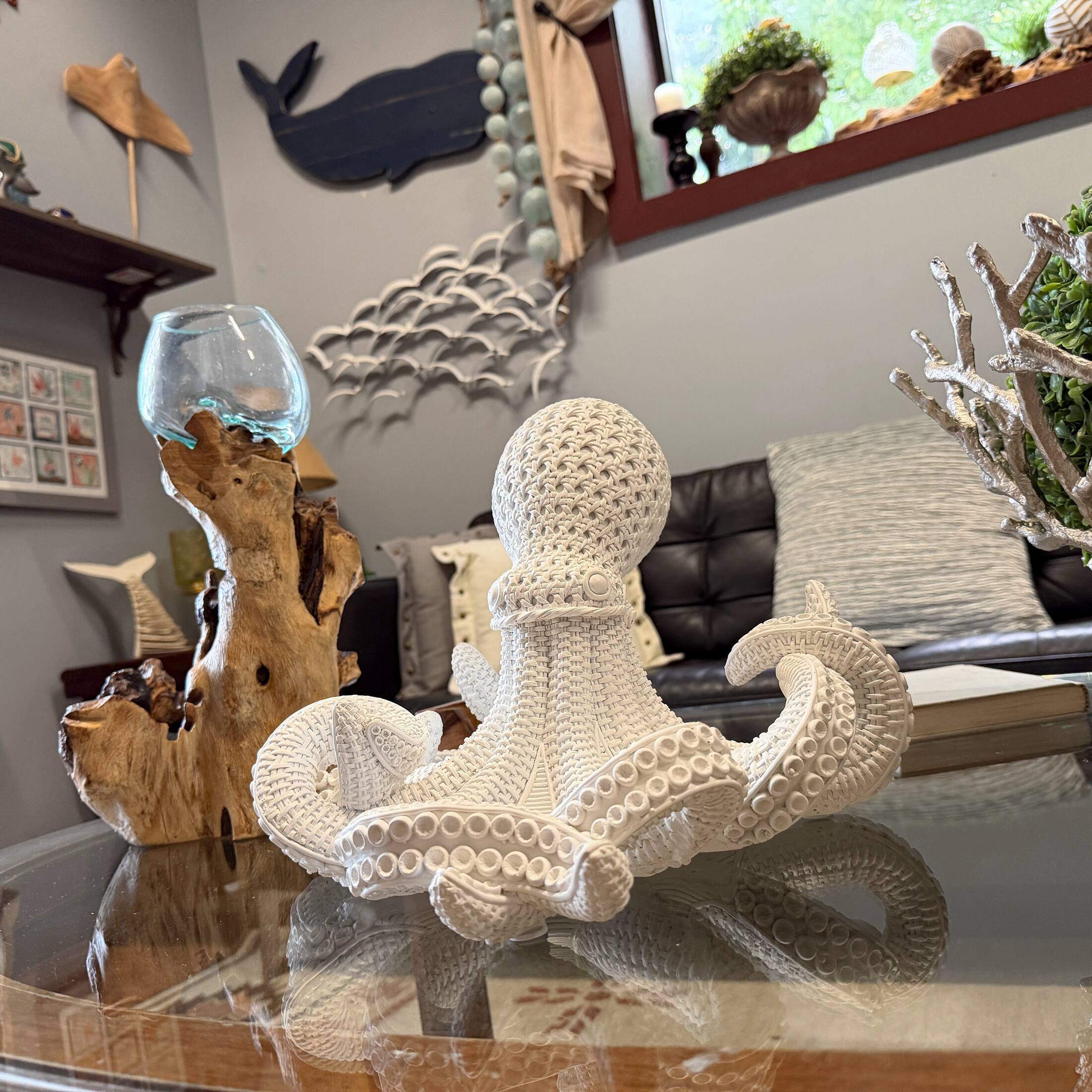 Alt View 4. Fancy That - White Wicker Look Resin Octopus Statue 13 Inch Coastal Tabletop Decor - White.
