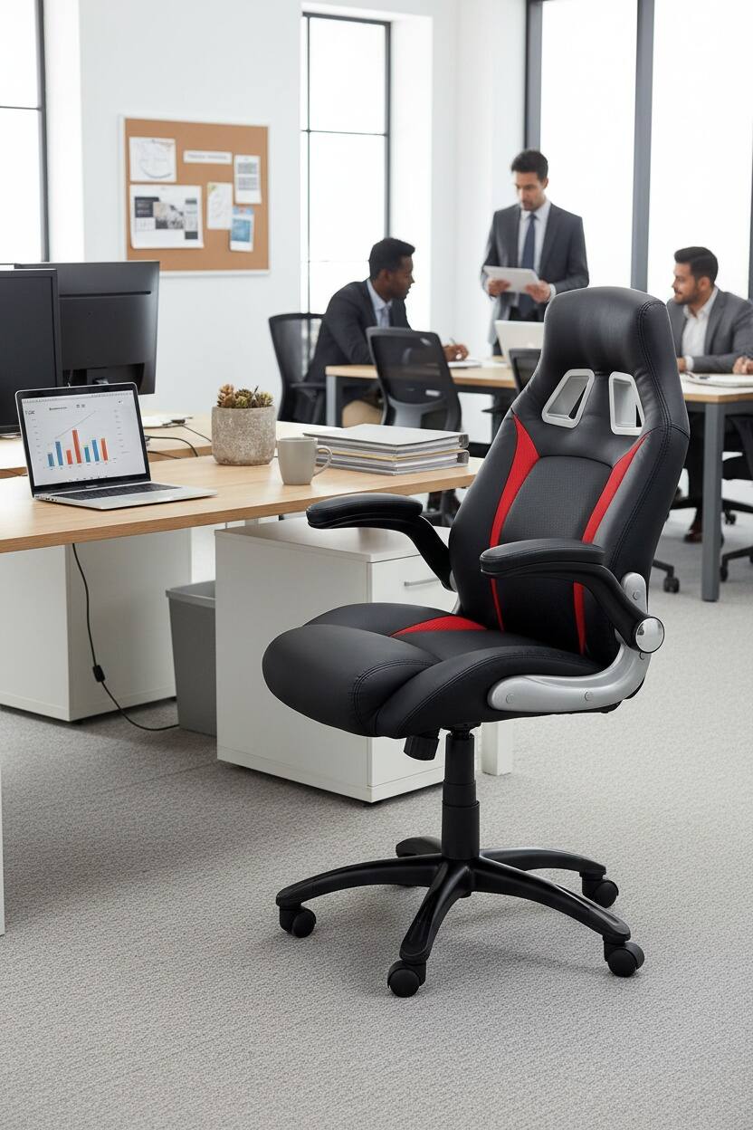 Left. Forest'nSky - Black Red Stylish Office Chair, Upholstered Comfort Adjustable Gaming Chair with Padded Armrests - Black.