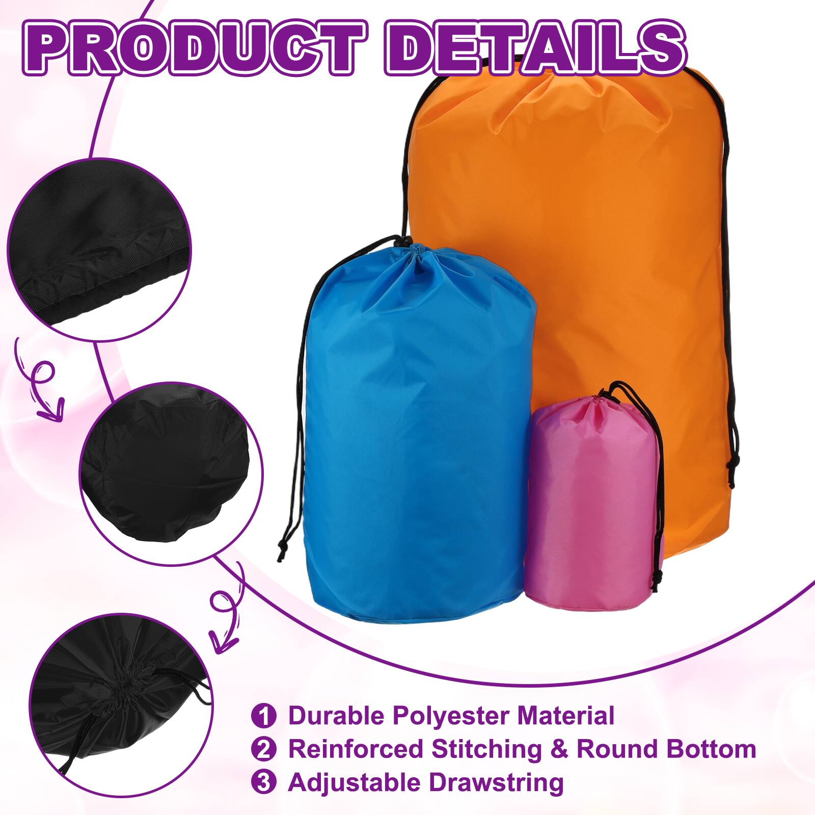 PRODUCT DETAILS

1. Durable Polyester Material
2. Reinforced Stitching & Round Bottom
3. Adjustable Drawstring
