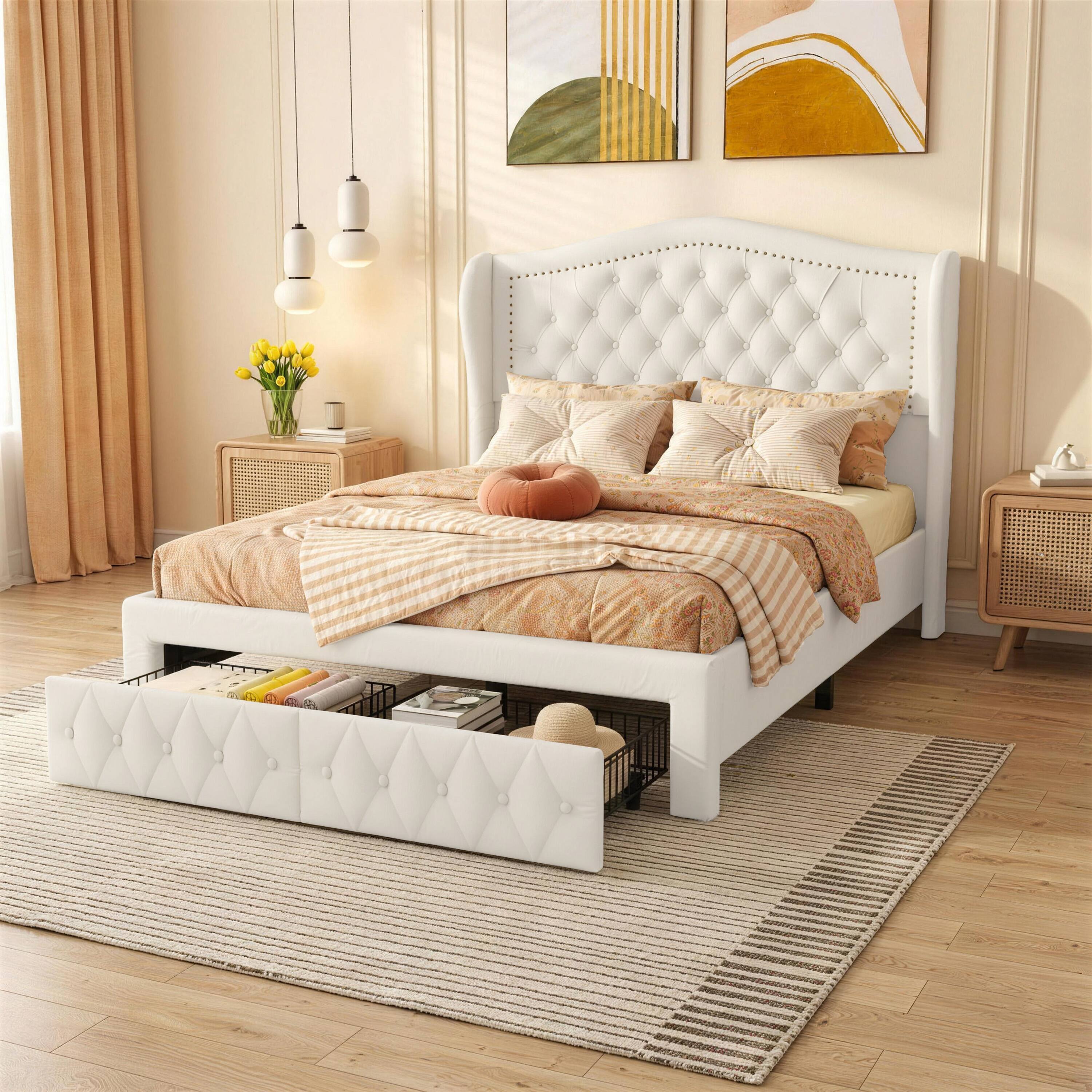 Alt View 7. Dyonery - Queen bed frame, 52.6 inches high, with two drawers, velvet soft packaging, sewn headboard, vintage design. - Beige.