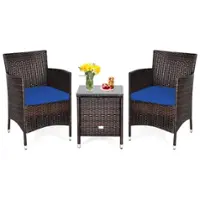 Costway Outdoor 3 PCS Rattan Wicker Furniture Sets Chairs Coffee Table Garden - Navy - Front_Zoom