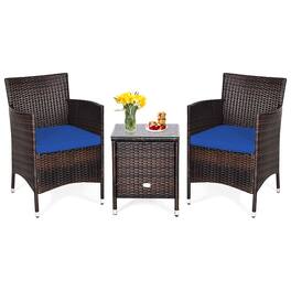 Costway - Outdoor 3 PCS Rattan Wicker Furniture Sets Chairs Coffee Table Garden - Navy
