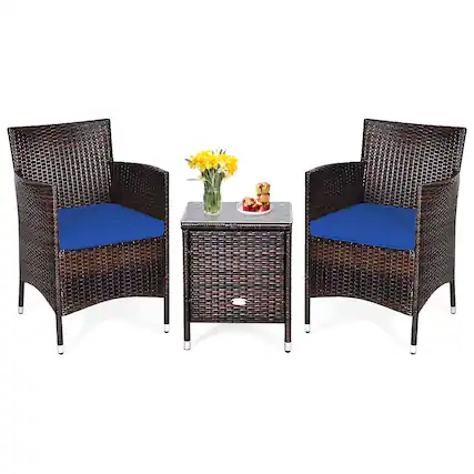 Front. Costway - Outdoor 3 PCS Rattan Wicker Furniture Sets Chairs Coffee Table Garden - Navy.