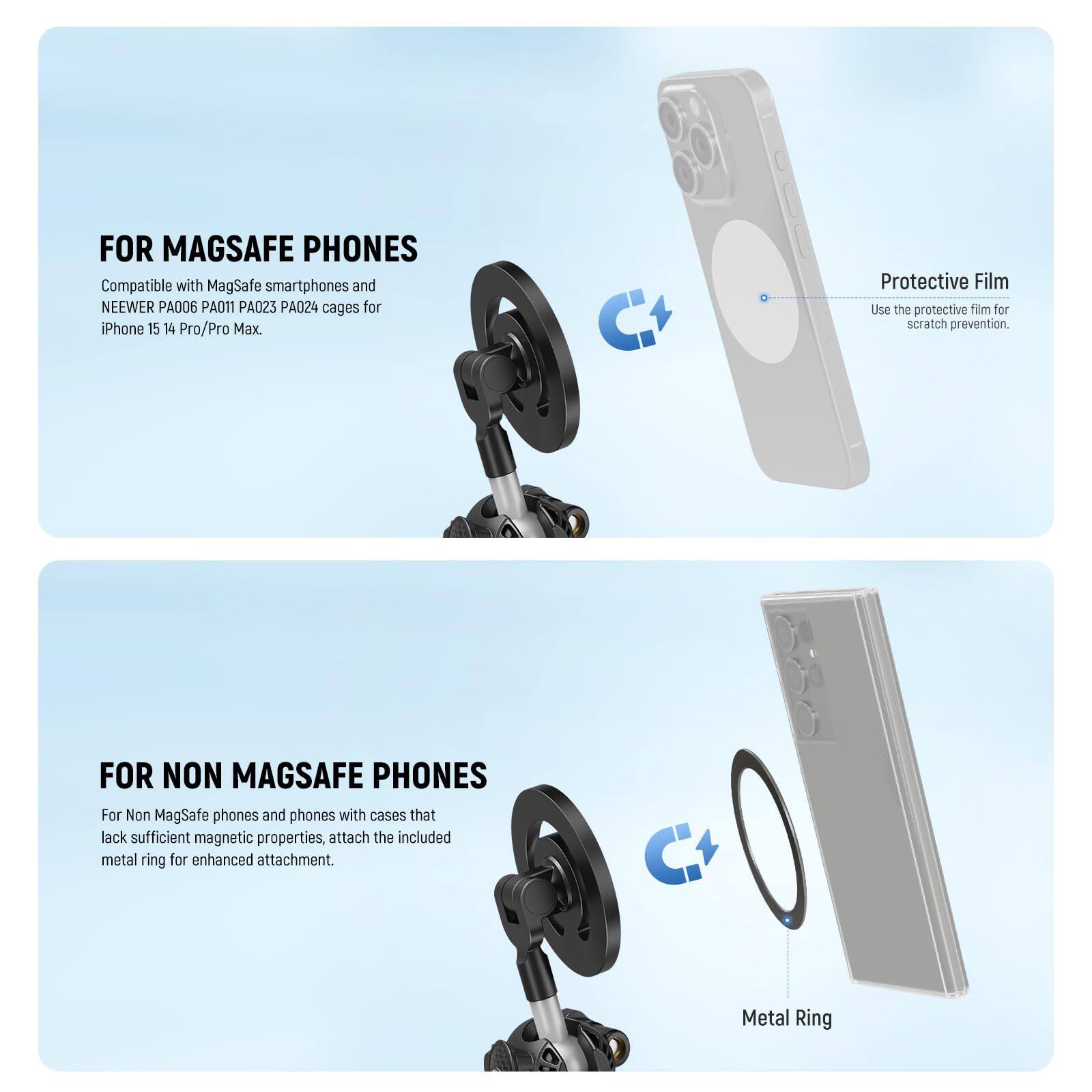 FOR MAGSAFE PHONES  
Compatible with MagSafe smartphones and NEENER PA006 PA011 PA023 PA024 cages for iPhone 15 14 Pro/Pro Max.  
Use the protective film for scratch prevention.  

FOR NON MAGSAFE PHONES  
For Non MagSafe phones and phones with cases that lack sufficient magnetic properties, attach the included metal ring for enhanced attachment.  
Metal Ring