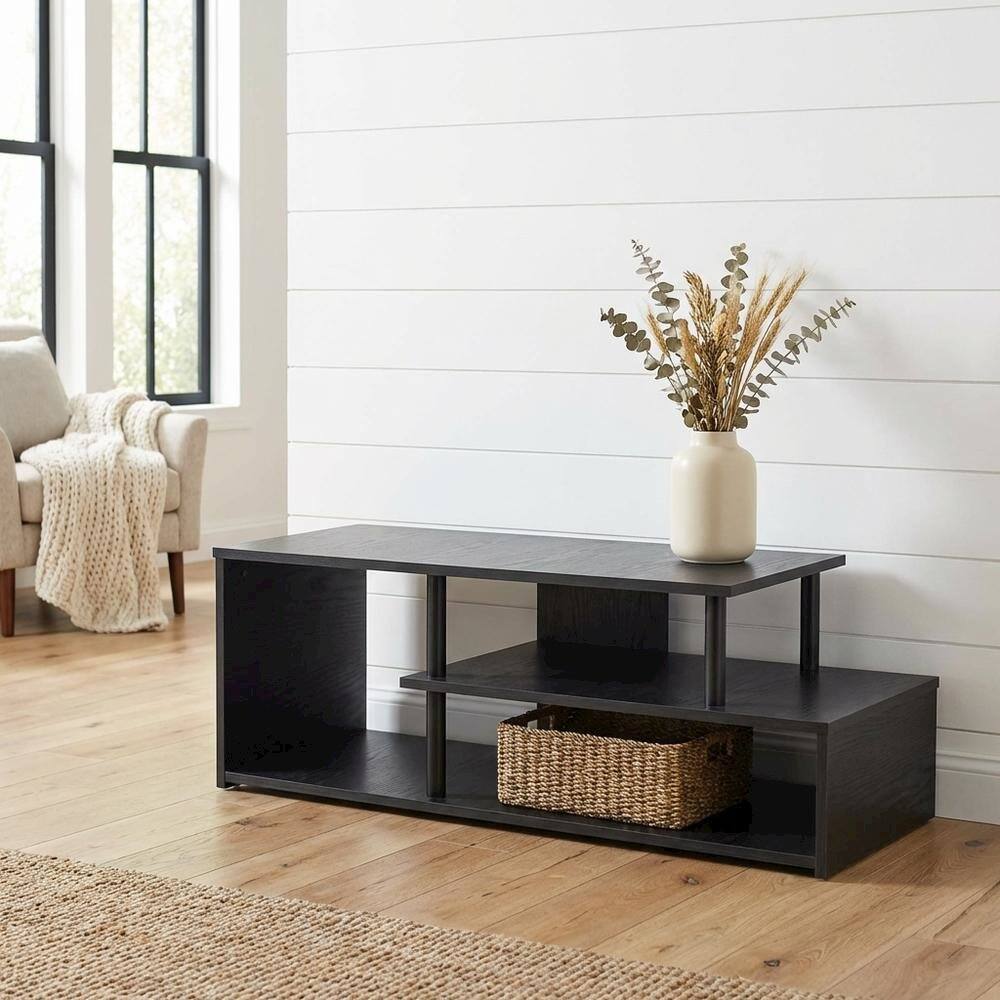 Alt View 1. FurniFact - Low Profile TV Stand in Black Wood Finish with Composite Construction - Black.