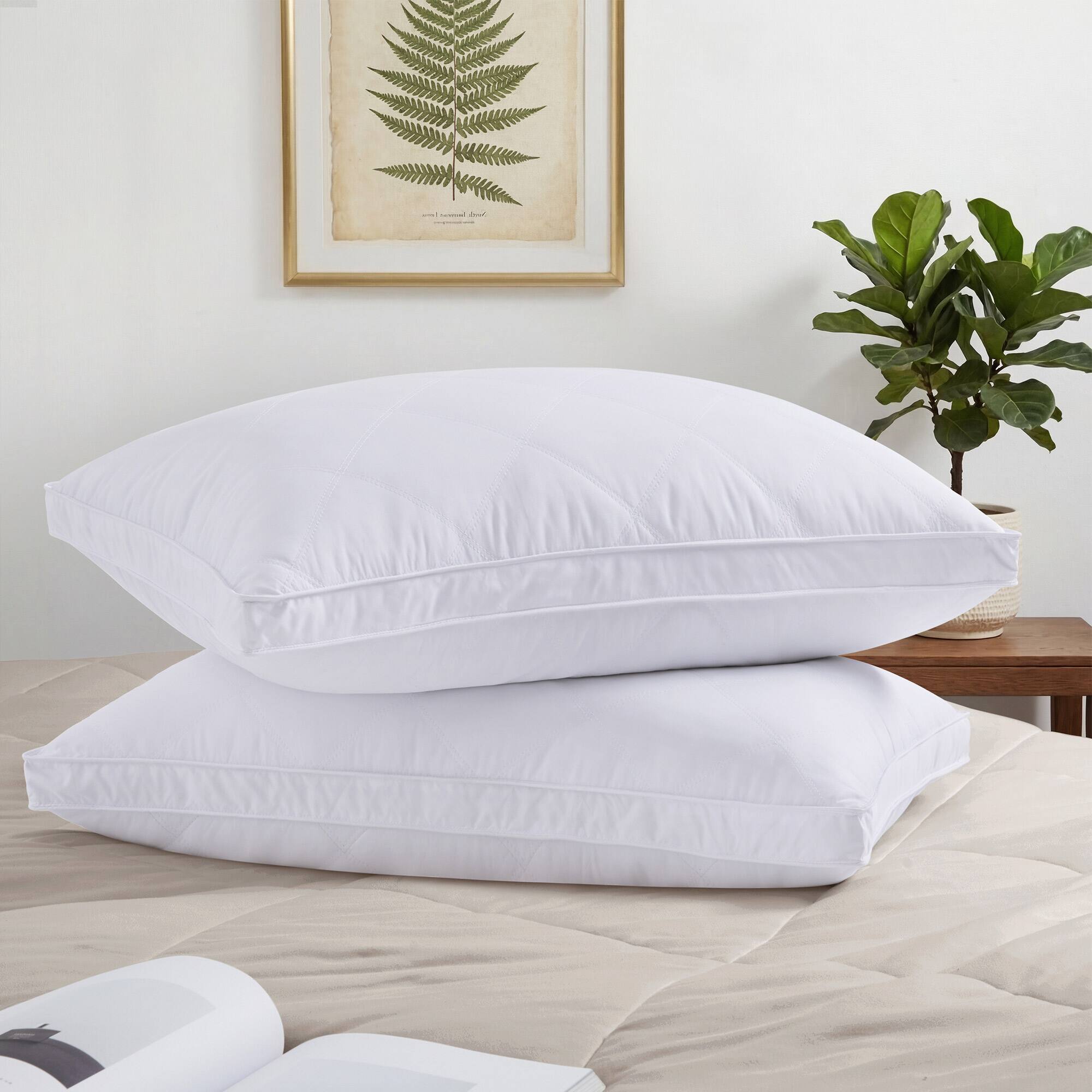Angle. Peace Nest - Peace Nest Set of 2 Gusseted Goose Feather Bed Pillows with Quilted Cover, King - White.