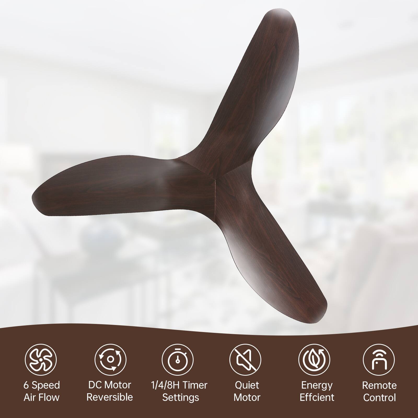 - 6 Speed Air Flow
- DC Motor Reversible
- 1/4/8H Timer Settings
- Quiet Motor
- Energy Efficient
- Remote Control