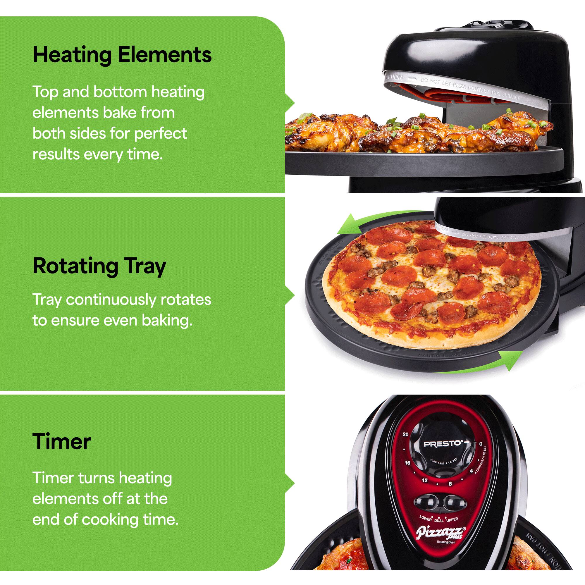 Heating Elements  
Top and bottom heating elements bake from both sides for perfect results every time.

Rotating Tray  
Tray continuously rotates to ensure even baking.

Timer  
Timer turns heating elements off at the end of cooking time.
