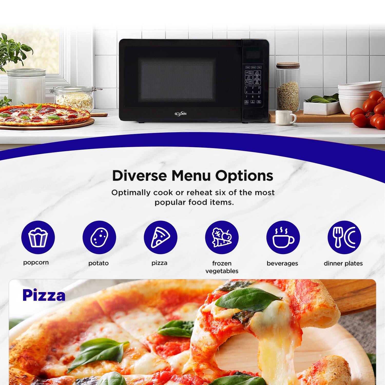 - I E - 1 - - - . . + - . aLON

Diverse Menu Options  
Optimally cook or reheat six of the most popular food items.  
popcorn potato pizza frozen vegetables beverages dinner plates

Pizza
