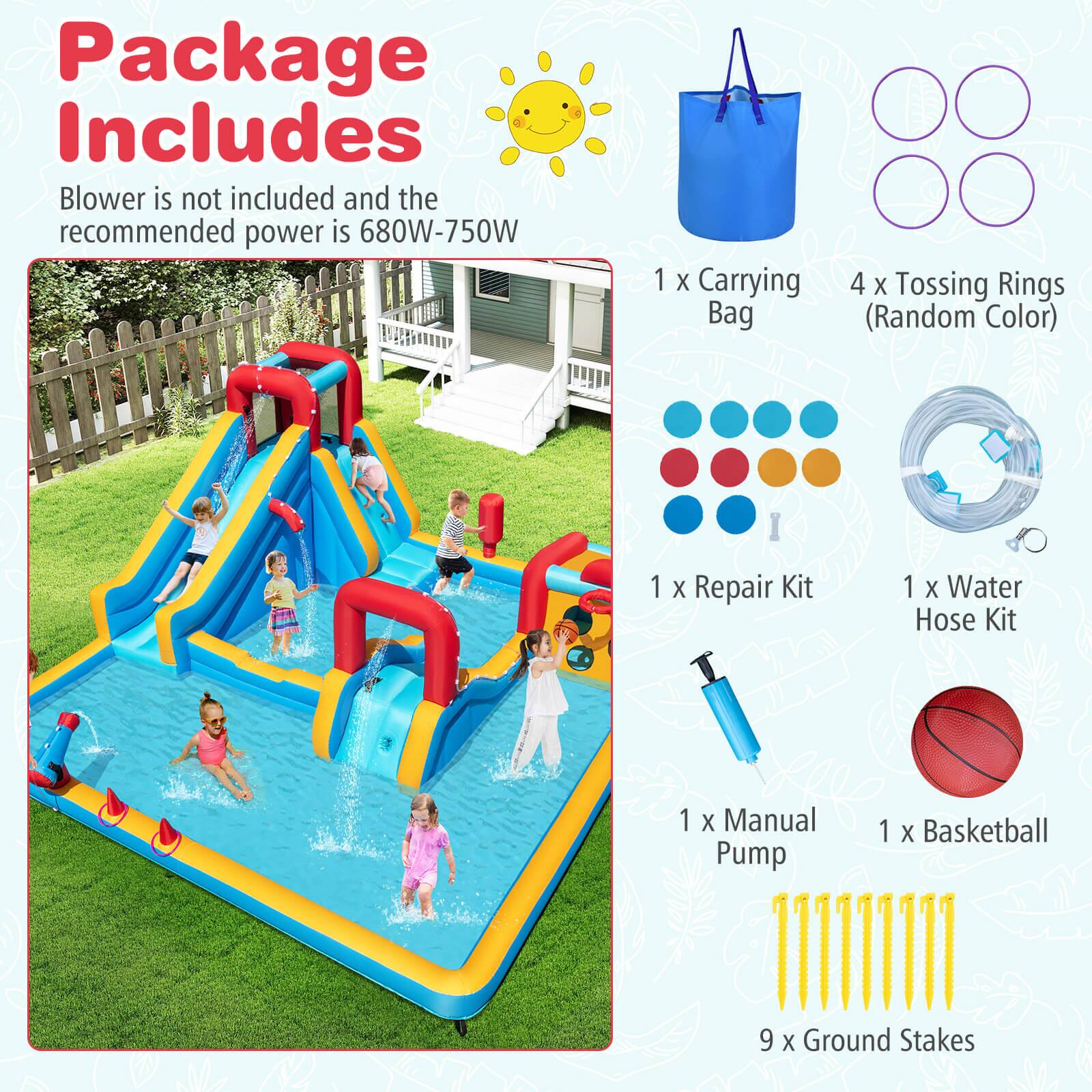 Package Includes

Blower is not included and the recommended power is 680W-750W

1 x Carrying Bag  
4 x Tossing Rings (Random Color)  
1 x Repair Kit  
1 x Water Hose Kit  
1 x Manual Pump  
1 x Basketball  
9 x Ground Stakes
