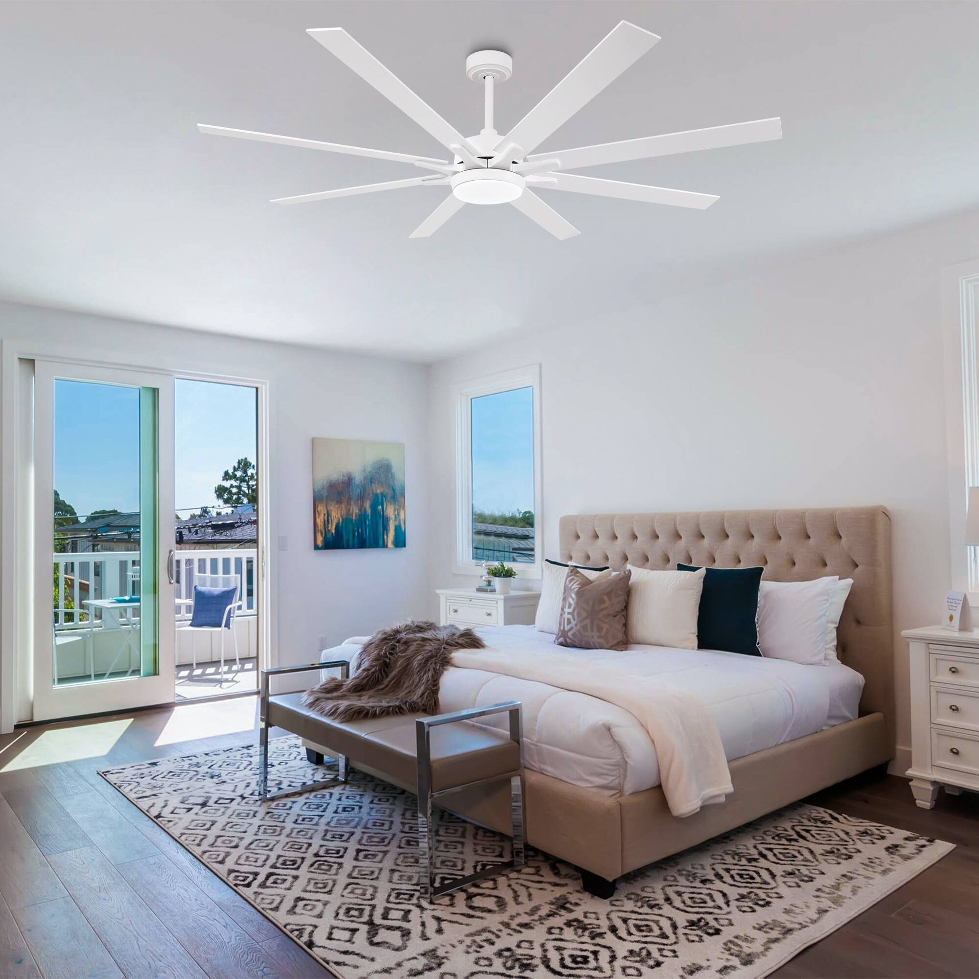 Left. Parrot Uncle - 65-Inch Modern Reversible Dimmable Large Ceiling Fan with Light and Remote - White.