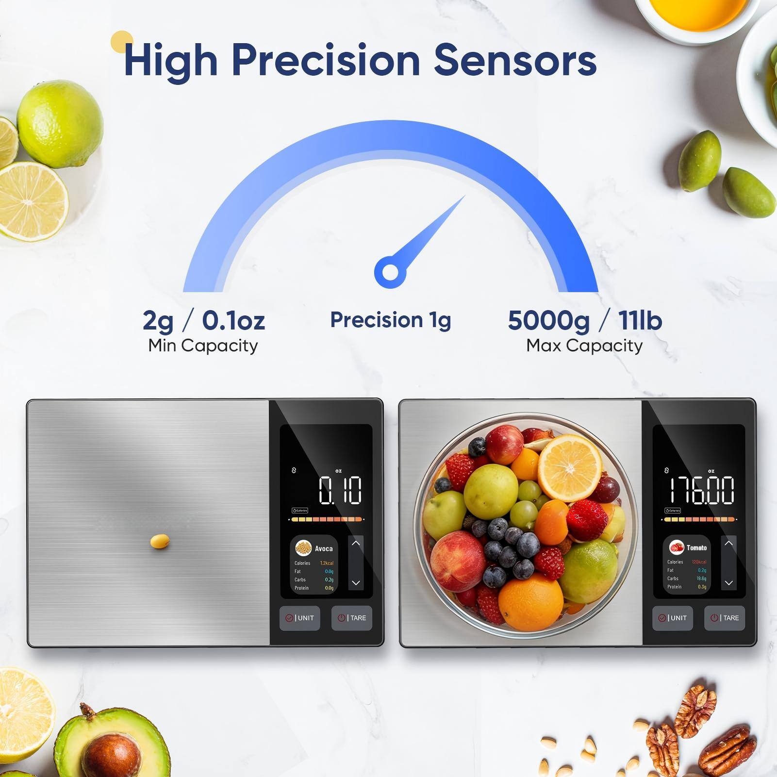 High Precision Sensors  
2g / 0.1oz Min Capacity  
Precision 1g  
5000g / 11lb Max Capacity  

UNIT TARE  
UNIT TAKE
