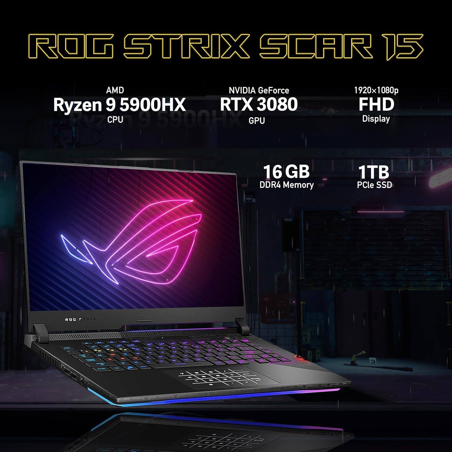 ROG STRIX SCAR 15  
AMD Ryzen 9 5900HX CPU  
NVIDIA GeForce RTX 3080 GPU  
1920x1080p FHD Display  
16 GB DDR4 Memory  
1TB PCIe SSD