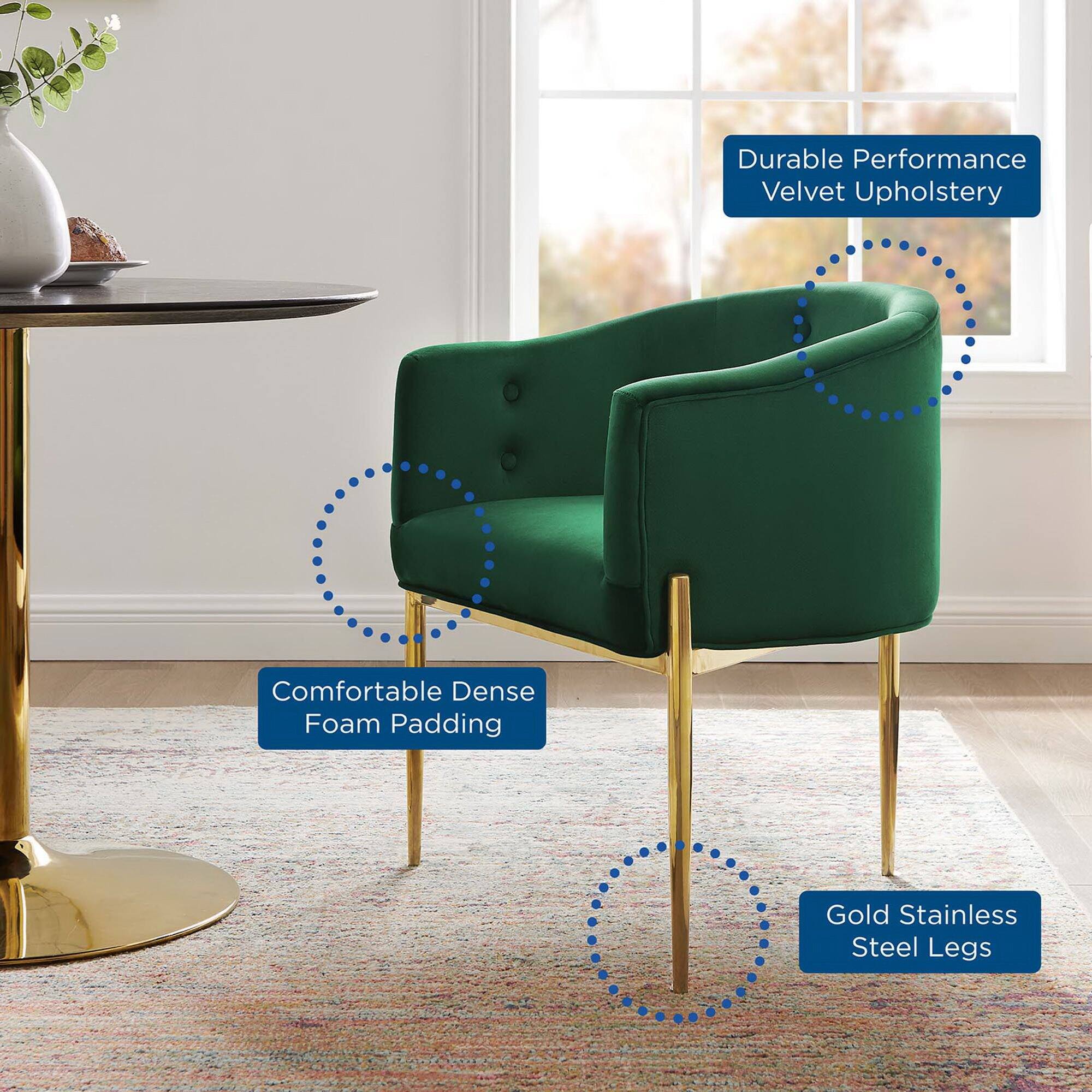 - Durable Performance Velvet Upholstery
- Comfortable Dense Foam Padding
- Gold Stainless Steel Legs