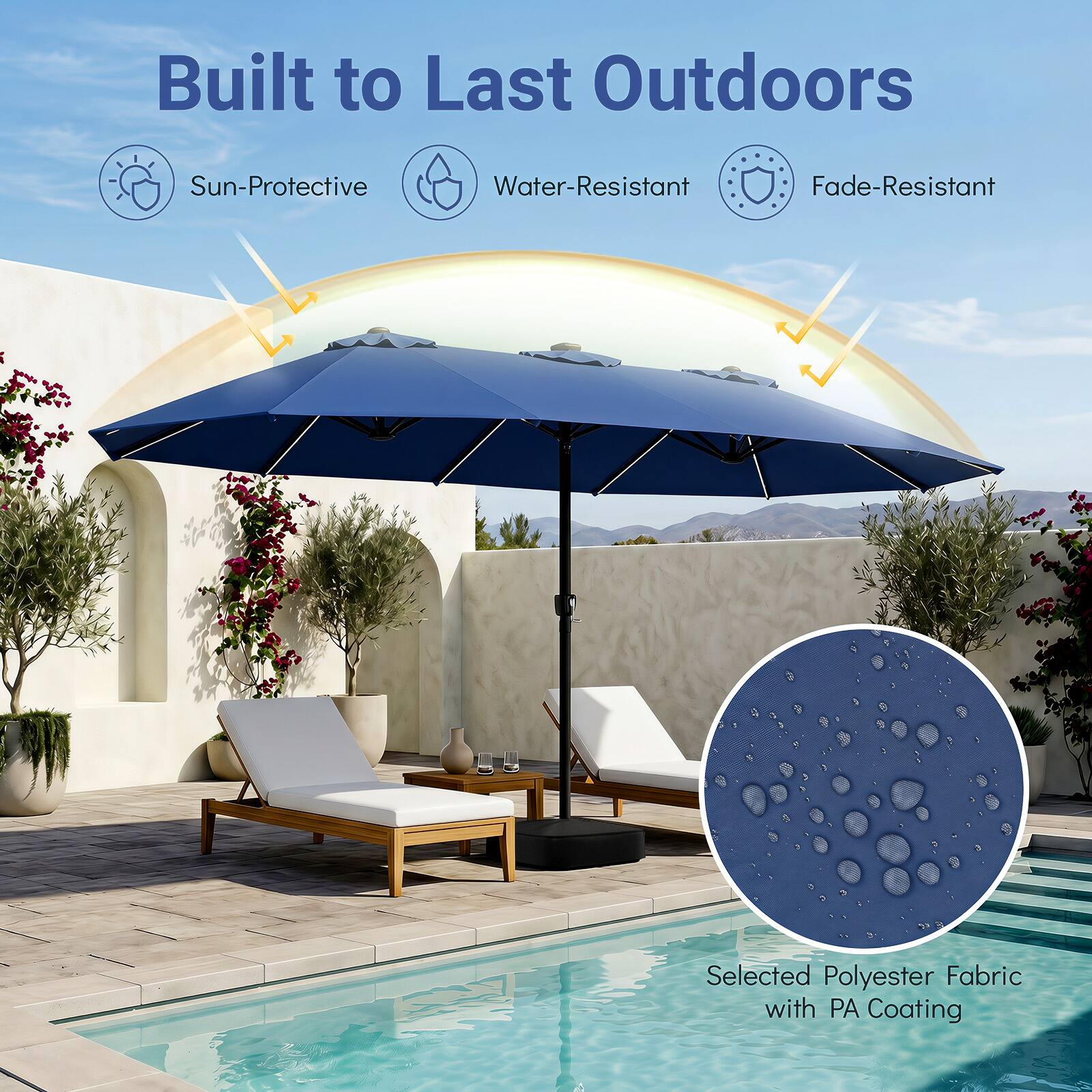 Built to Last Outdoors

Sun-Protective  
Water-Resistant  
Fade-Resistant  

Selected Polyester Fabric with PA Coating
