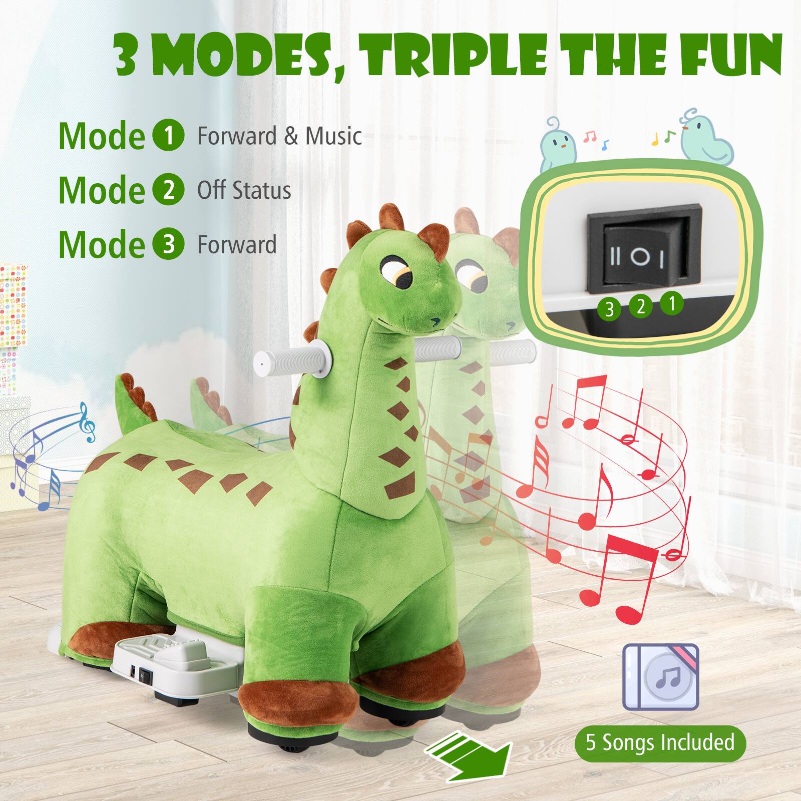 3 MODES, TRIPLE THE FUN

Mode 1: Forward & Music  
Mode 2: Off Status  
Mode 3: Forward  

5 Songs Included