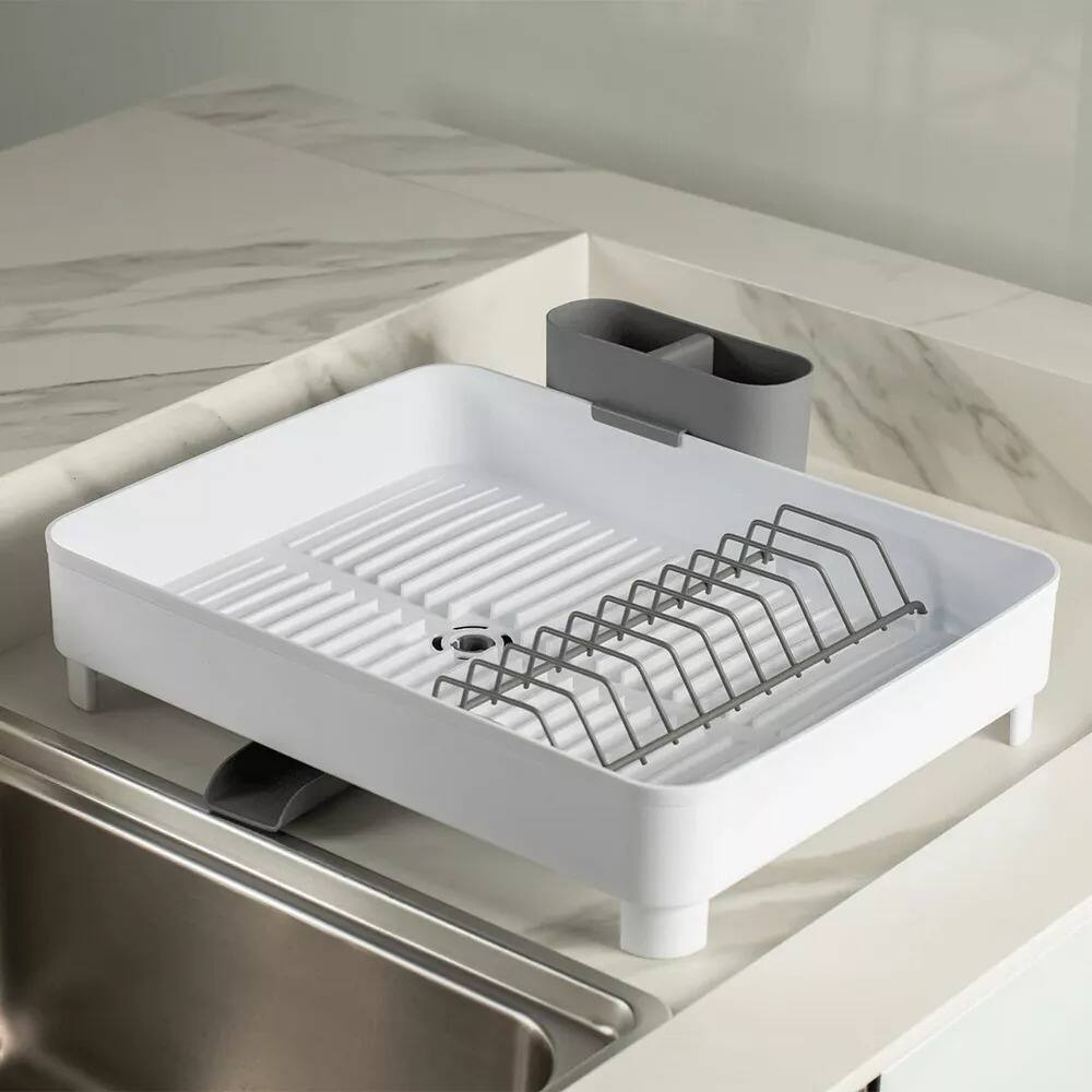 Angle. OU - Dish Drying Rack with Drainage Spout, Nonslip Dish Drainer with Removable Cutlery Holder for Plates, Bowls & Utensils - White.